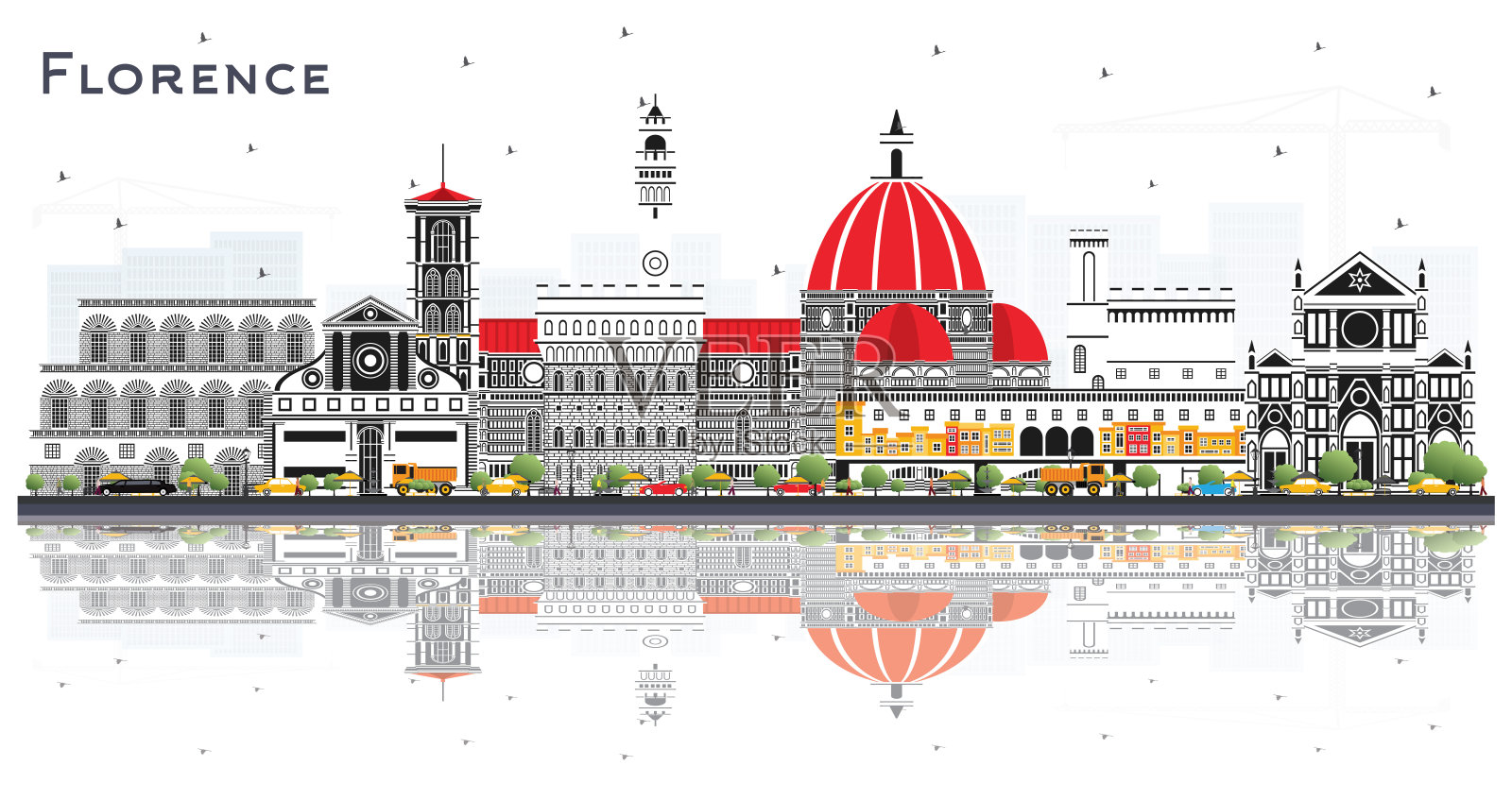 佛罗伦萨意大利城市天际线与彩色建筑和反射孤立在白色。插画图片素材