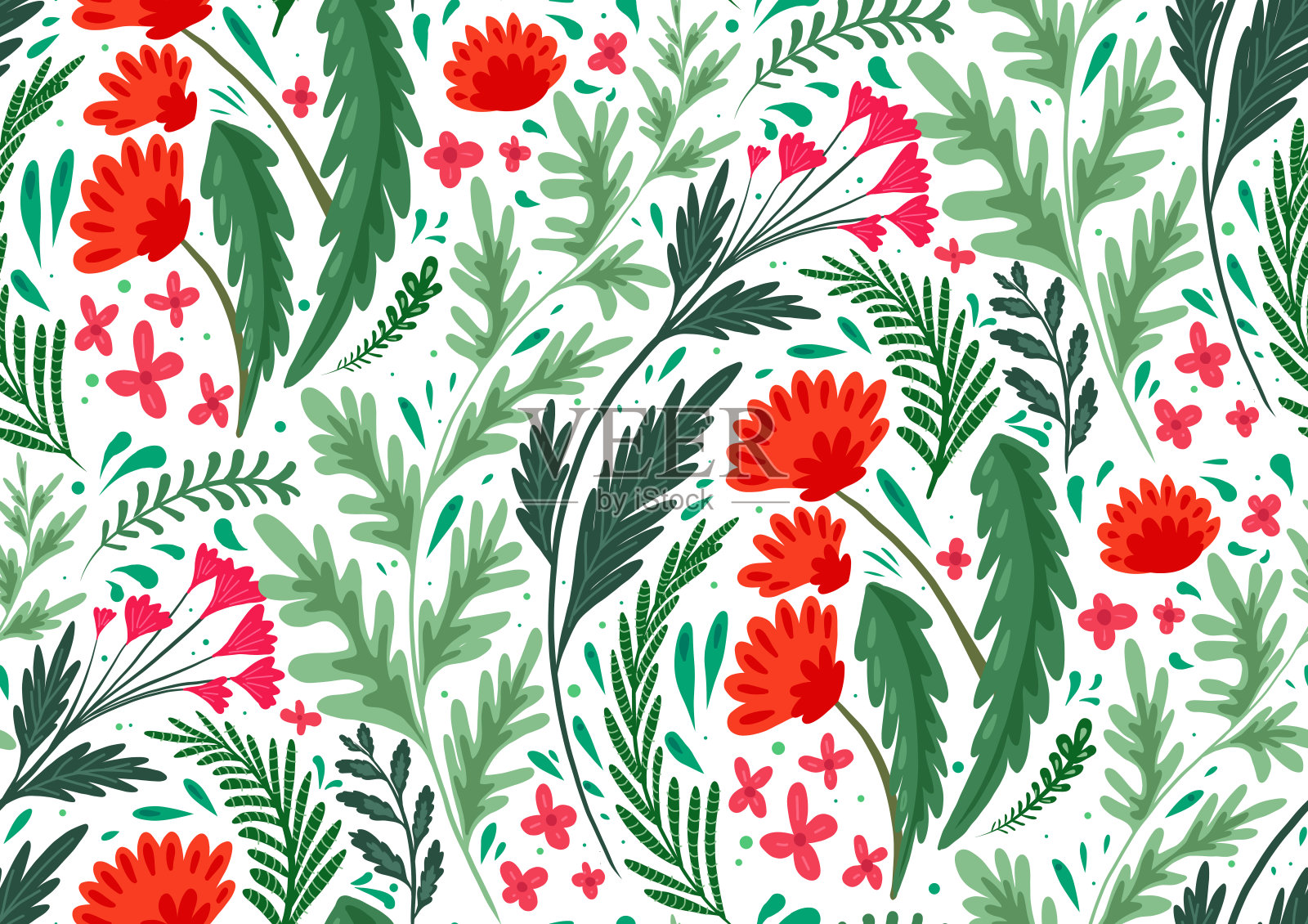 无缝平坦的自然模式与香草和花的田地在白色的背景。罂粟，苦艾，茴香和毛茛的墙纸。织物与植物。向量的背景插画图片素材