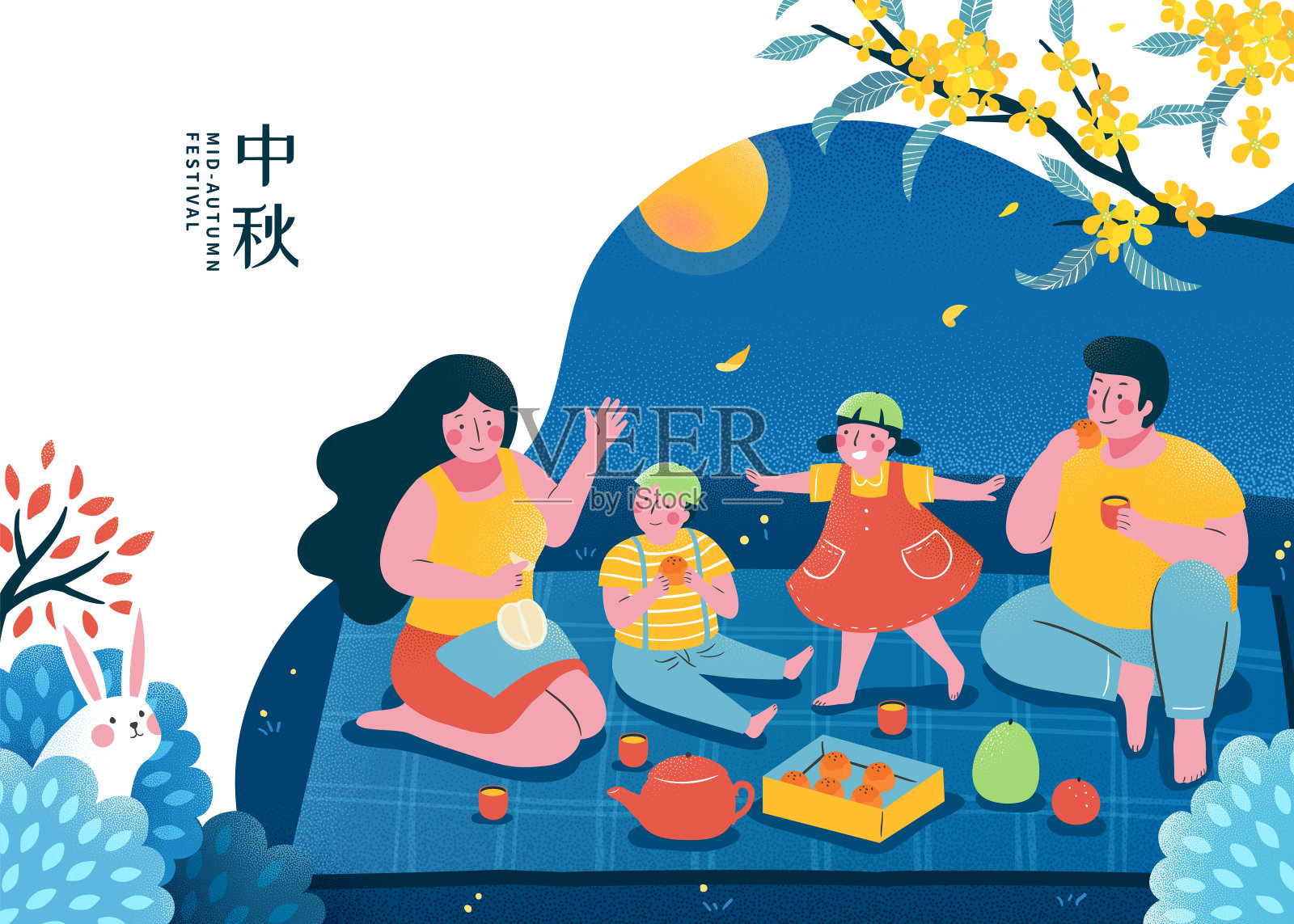 中秋佳節家族賞月吃月餅插圖插画图片素材