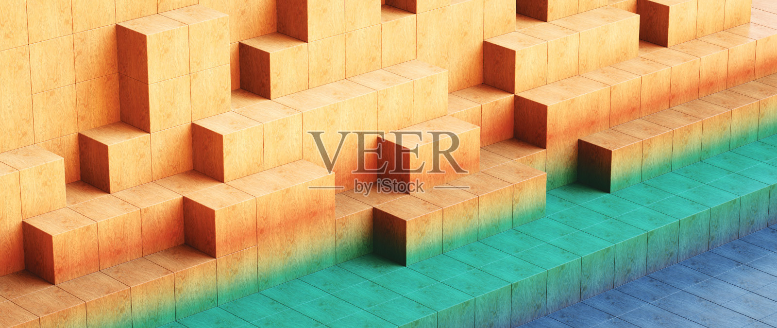 一个人工乡村堆叠的多色的木立方体形状，侧视图组成照片摄影图片
