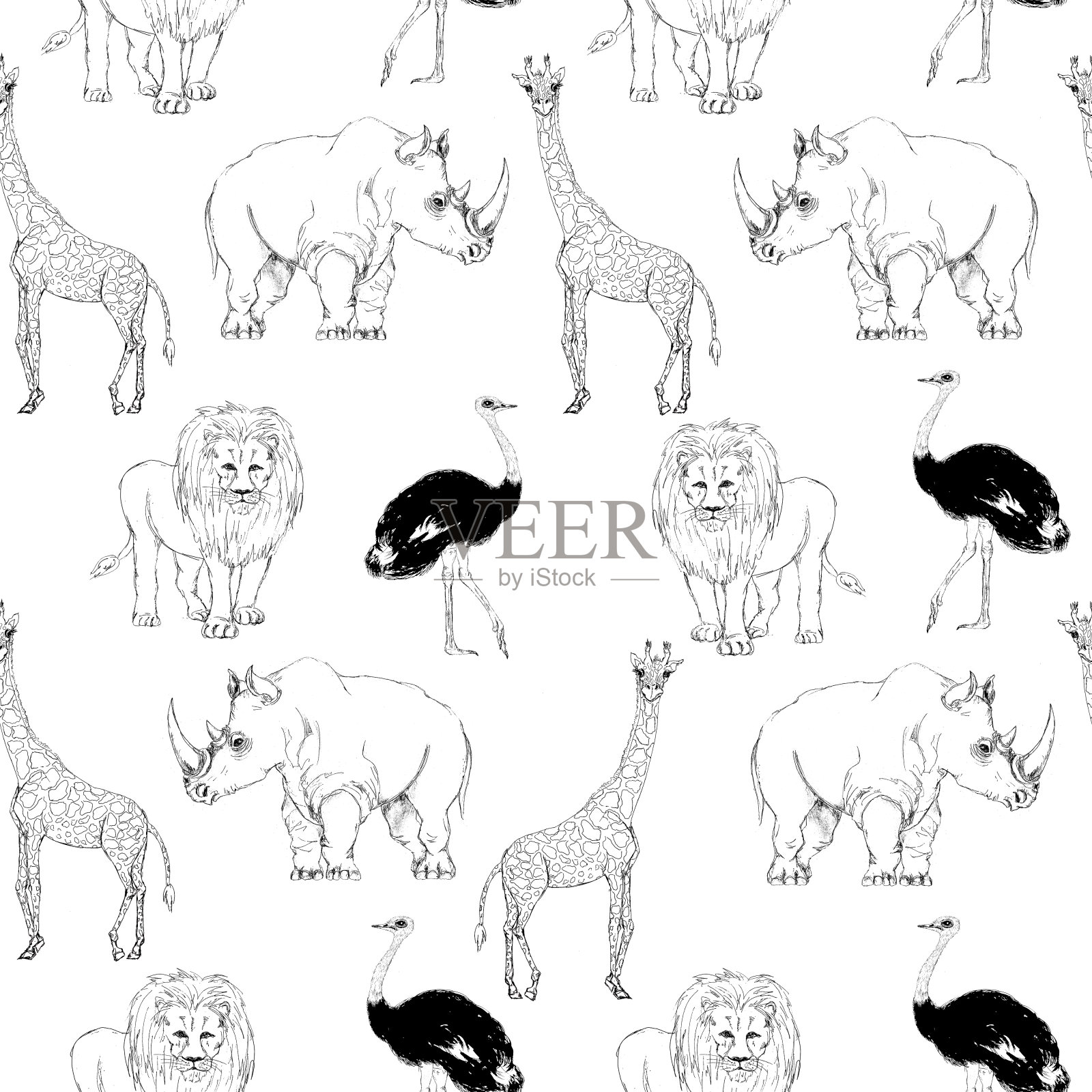 野生动物印花复古风格装饰无缝黑白单色着色图案插画图片素材