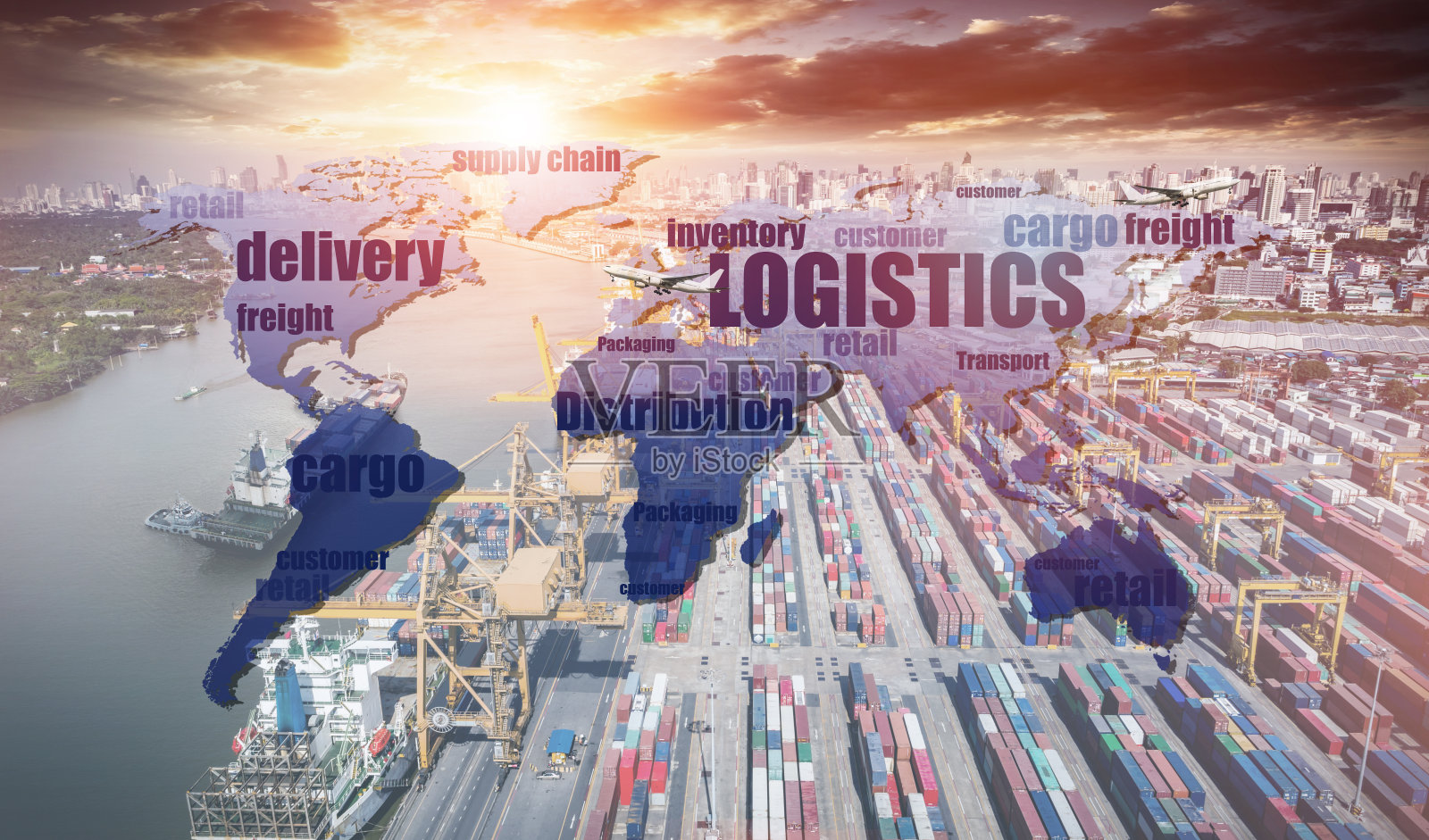 以物流网络分布为背景的世界地图。物流和运输概念在前面的物流工业集装箱货物货运船舶的概念，快速或即时航运，网上货物订单全球照片摄影图片