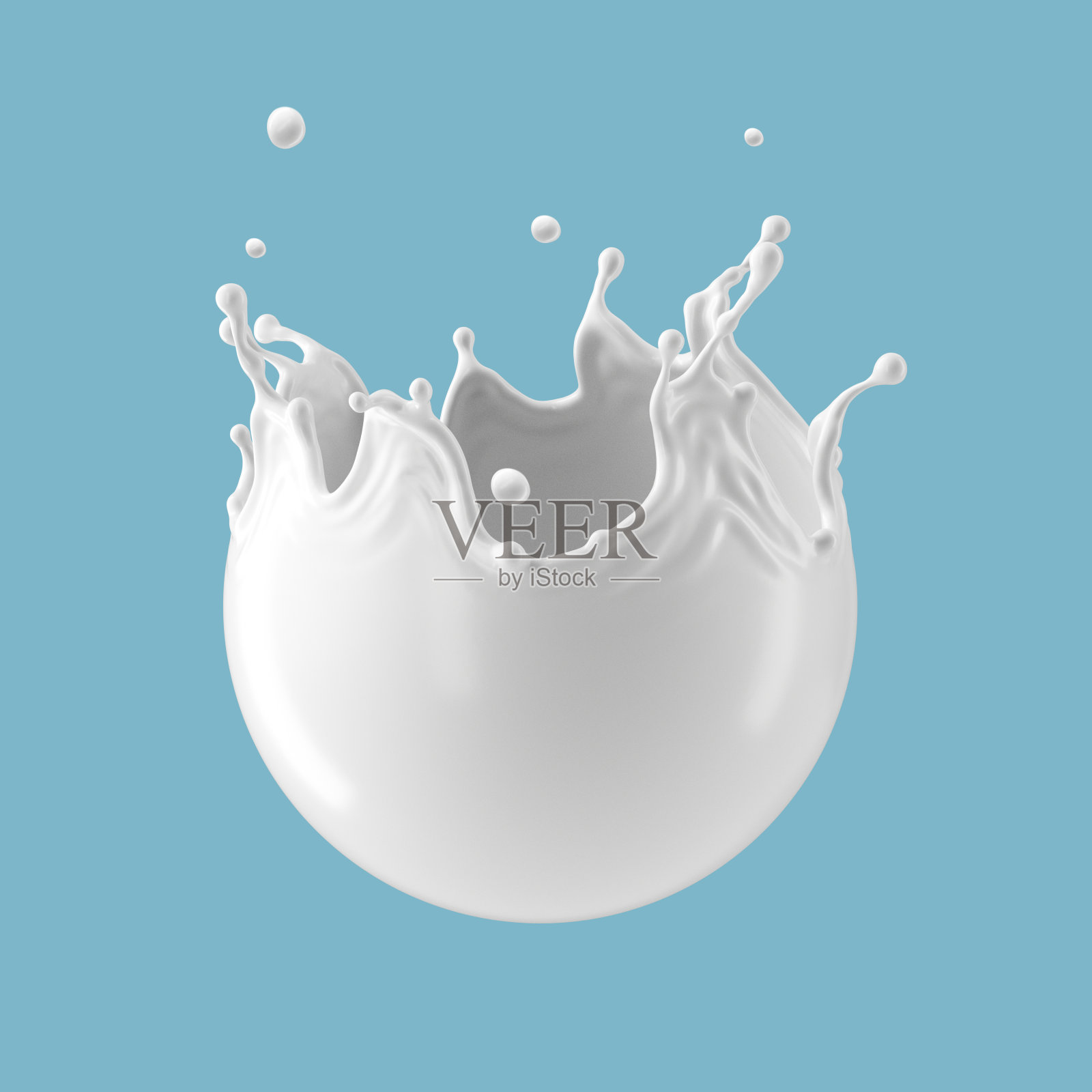 3d插图，球形牛奶飞溅孤立在蓝色背景。白色的油漆溅。圆形液体剪贴画。照片摄影图片