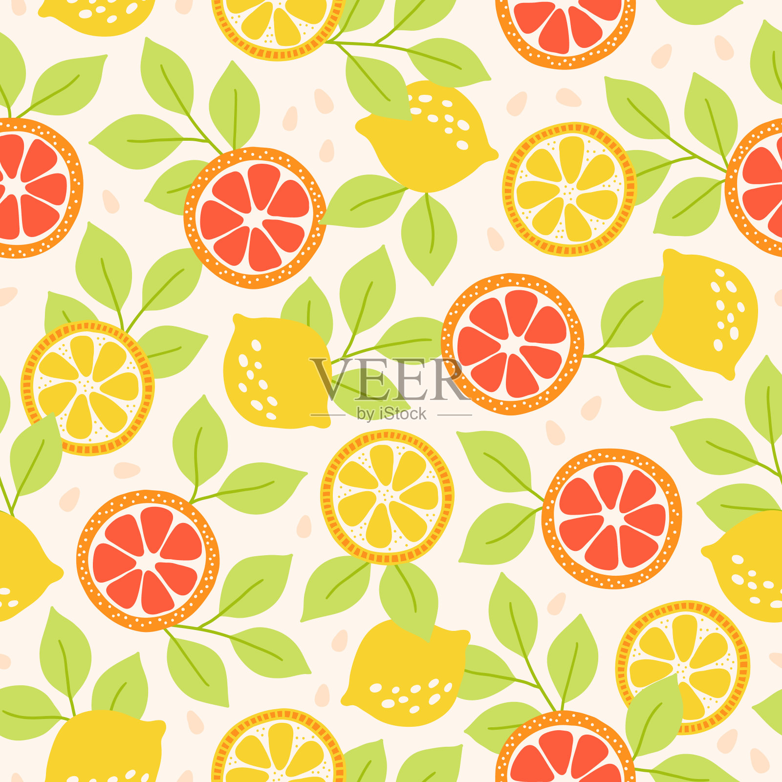水果无缝图案与柠檬，橙子和叶子。矢量图插画图片素材