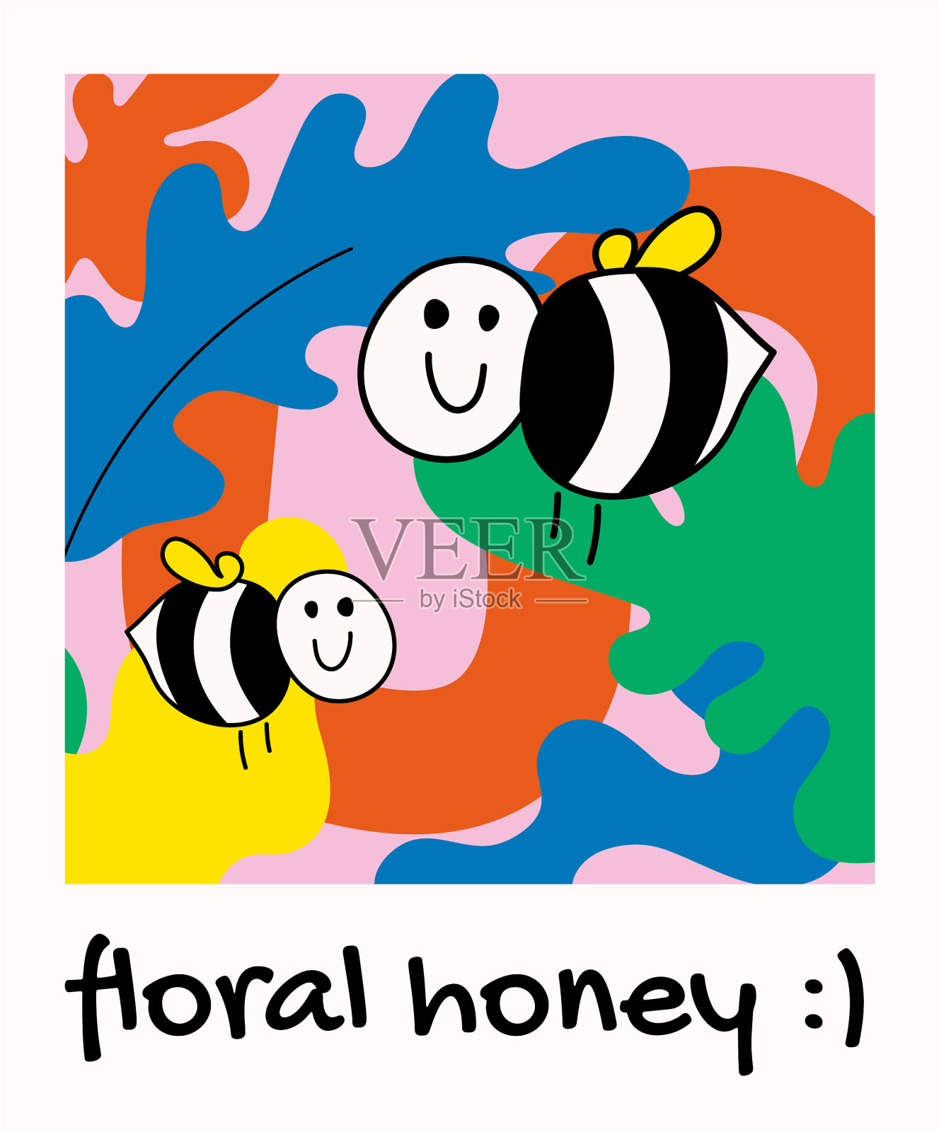 花蜜快乐的蜜蜂与抽象的形状插画图片素材