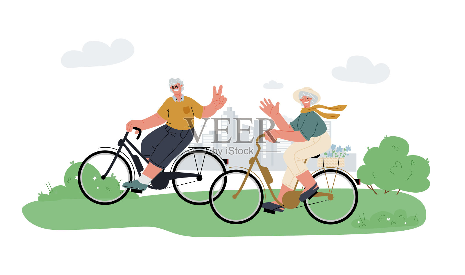 活跃的爷爷，奶奶在公园骑电动自行车放松。积极的户外老年人生活。夏天的活动。矢量插图。设计元素图片