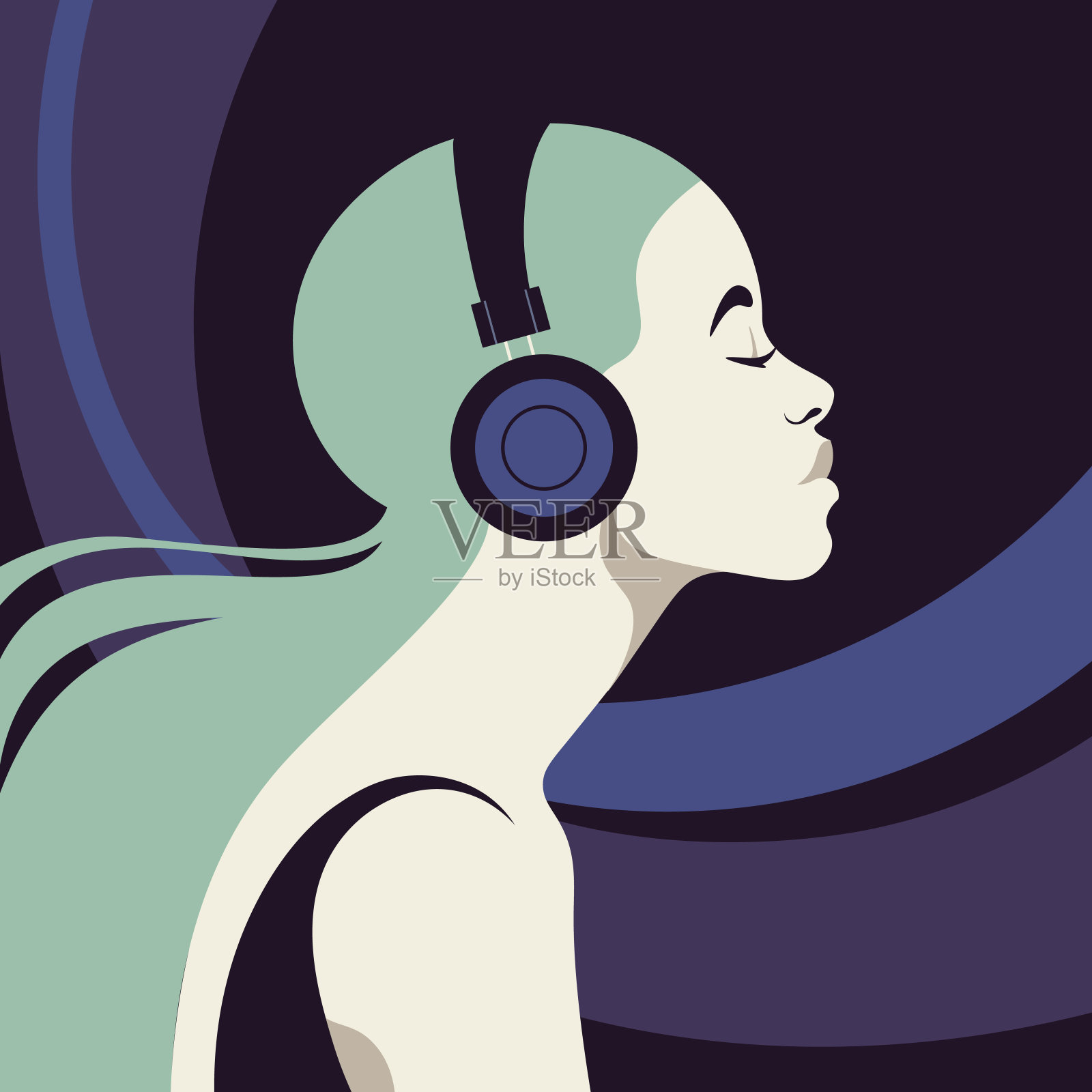 一个年轻女子的侧面在耳机上听音乐。这位音乐家《阿凡达》。插画图片素材