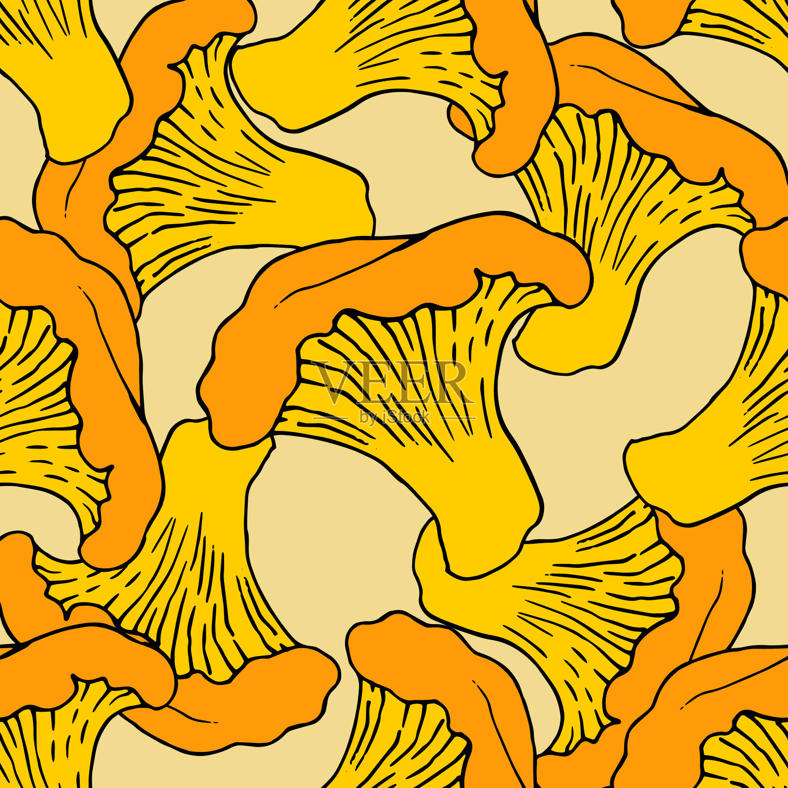 可食用鸡油菌矢量无缝模式在橙色与一个黑色的轮廓重叠在一个黄色的背景。草图式蘑菇，蘑菇产品标签的包装模板。手绘鸡油菌插画图片素材