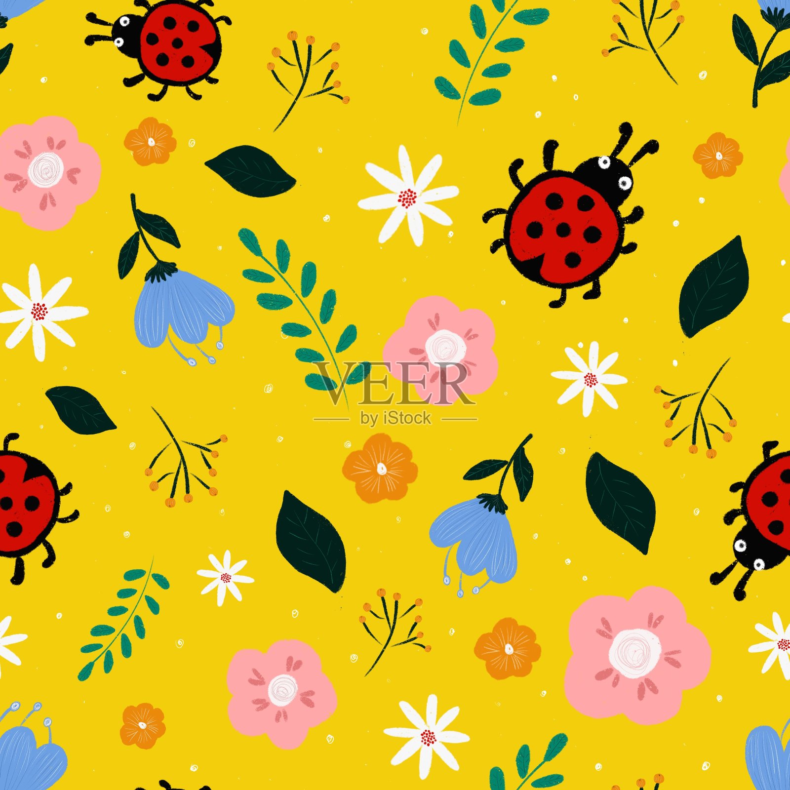 一个自然主题的无缝模式。五颜六色的花，瓢虫和浆果。纸张、织物、衣服和其他物品的设计。插画图片素材