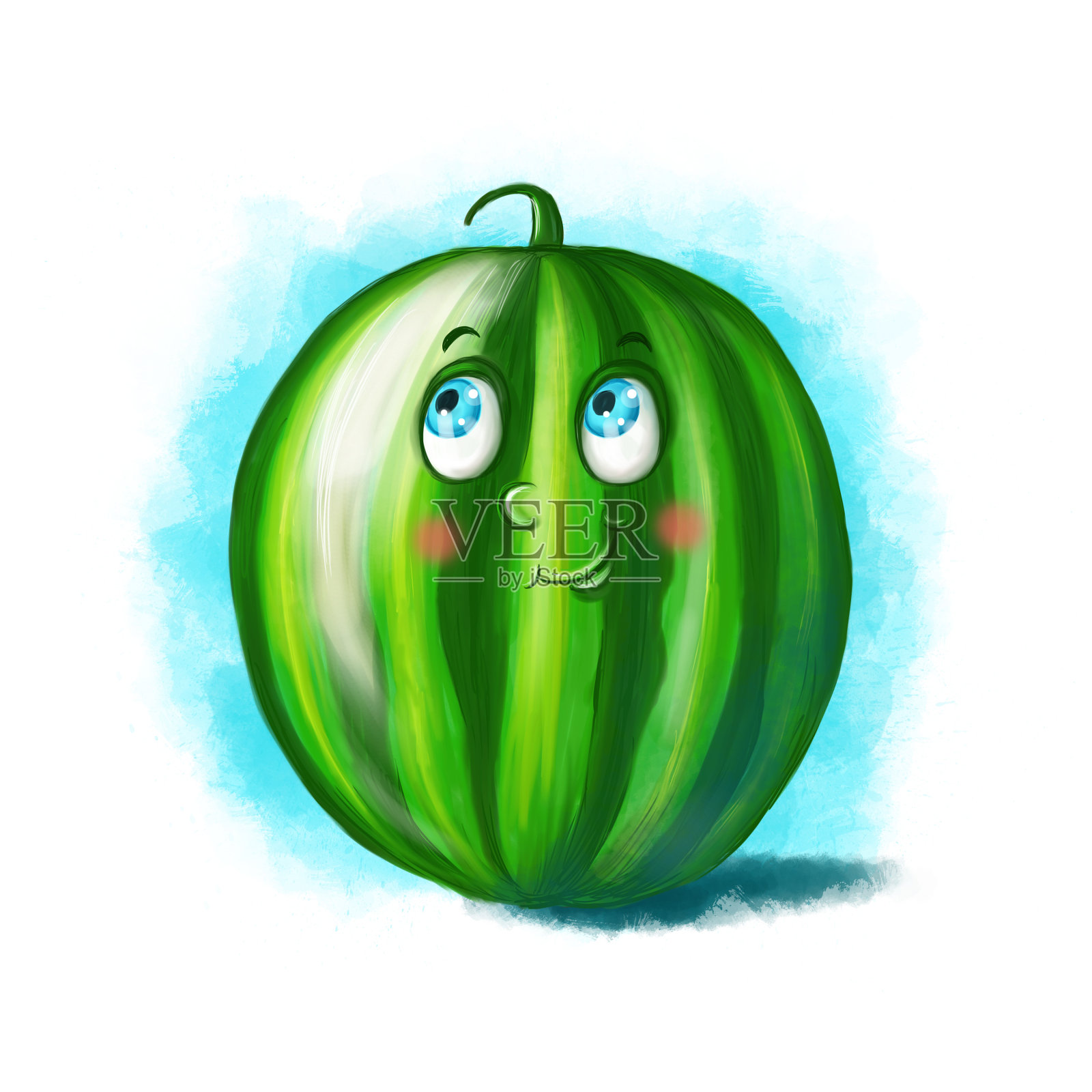 儿童插画的一个有趣的人物有一个浆果大眼睛的西瓜，一个欢快和快乐的人物明亮的绿色与设计和儿童的游戏插画图片素材