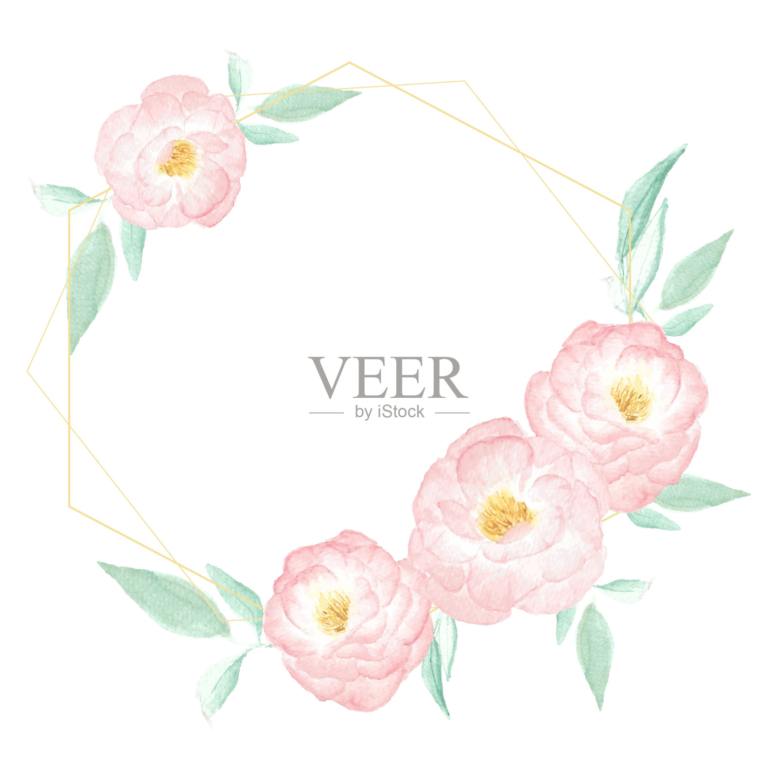 水彩野粉玫瑰花环框配金框设计元素图片