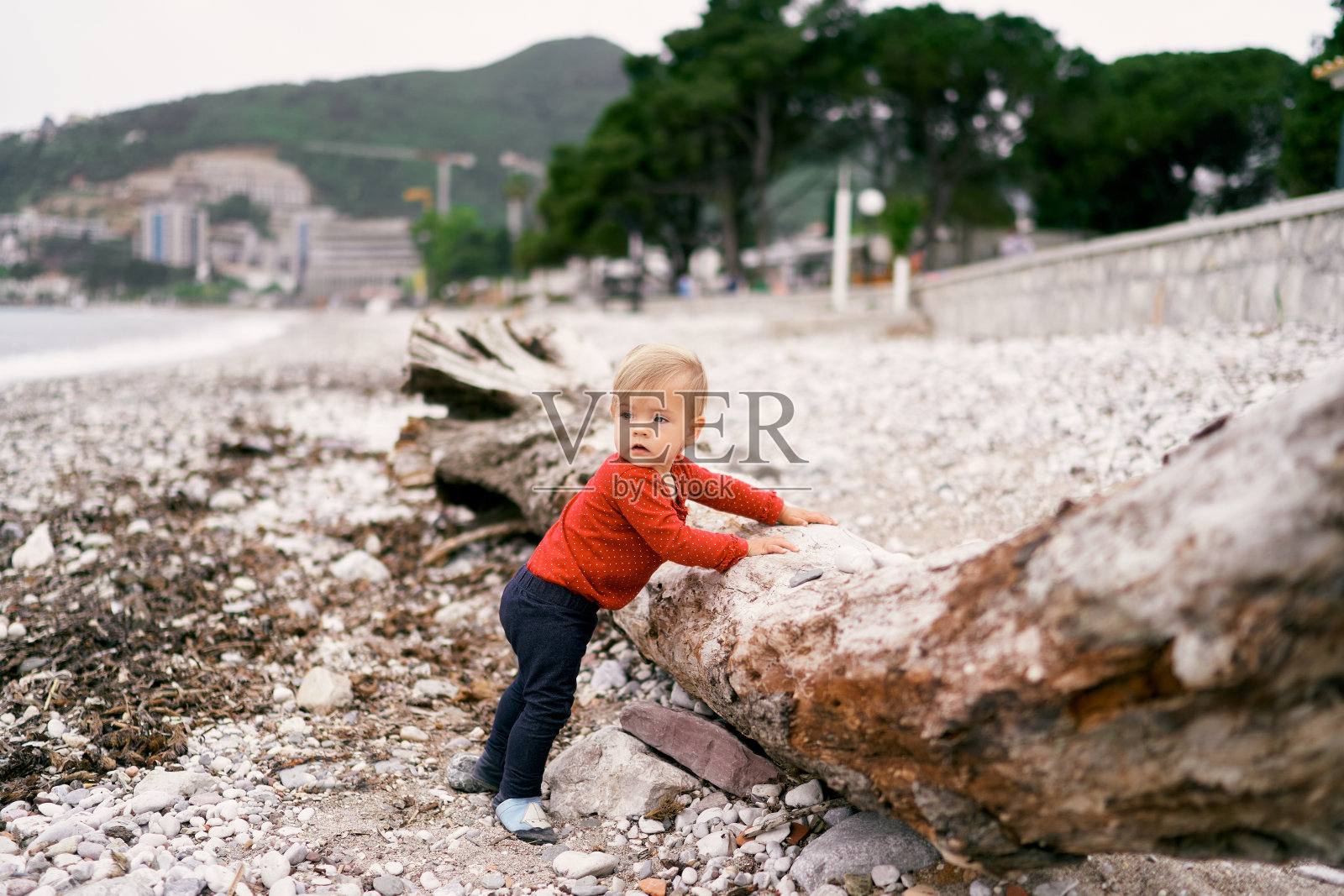 一个孩子站在卵石滩的旧甲板旁，转过头来照片摄影图片