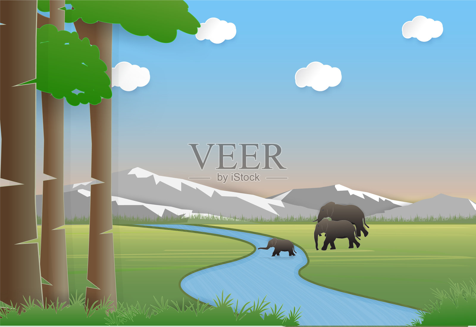 草原自然景观中的大象家族插画图片素材