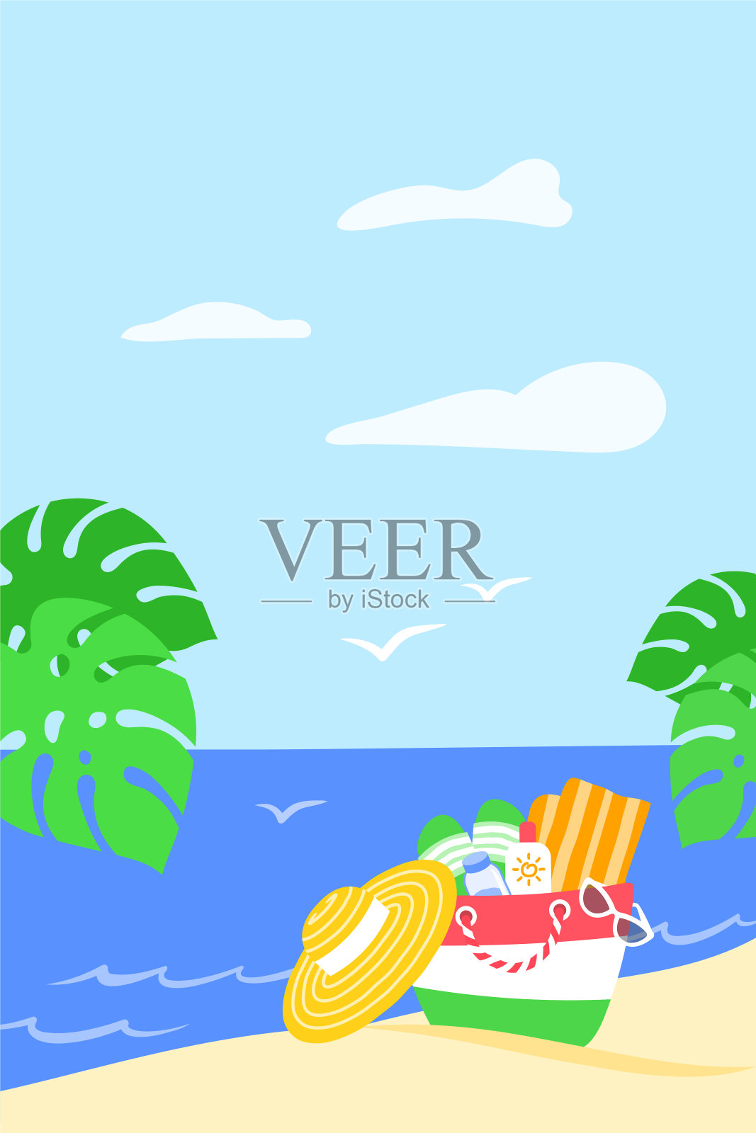 夏季海滩热带叶垂直海景旗帜插画图片素材