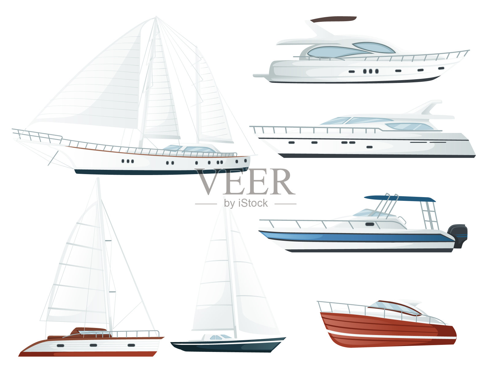 在白色的背景上有帆和马达的现代摩托艇的一套平坦的矢量插图设计元素图片