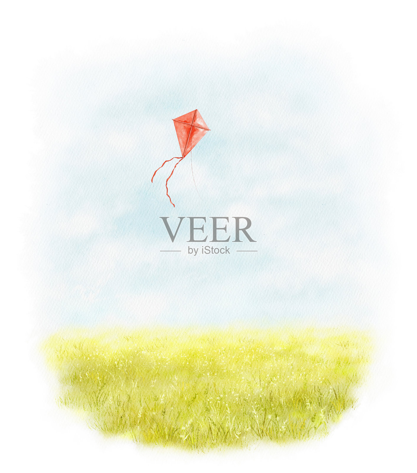 水彩插图风景，夏季草地，天空和红色风筝插画图片素材