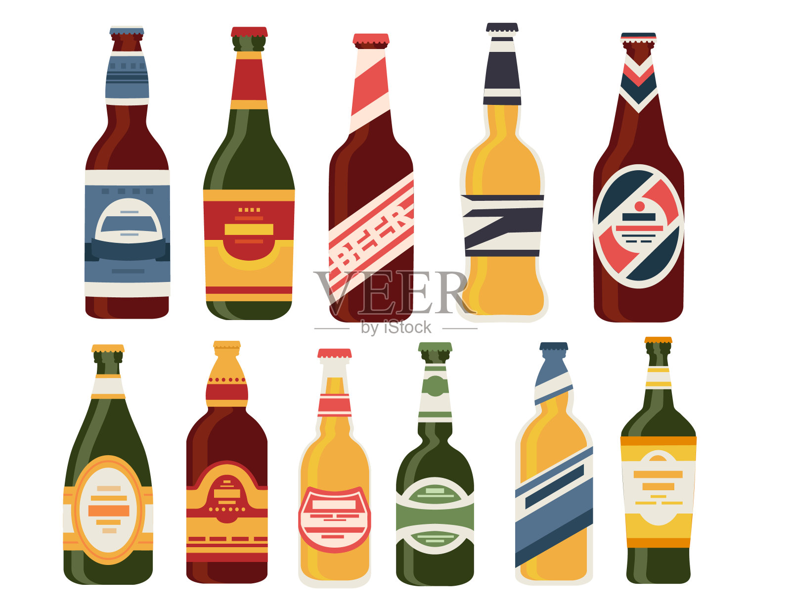 啤酒瓶设置与标签玻璃瓶不同类型的啤酒酒精饮料平面矢量插图孤立在白色背景插画图片素材