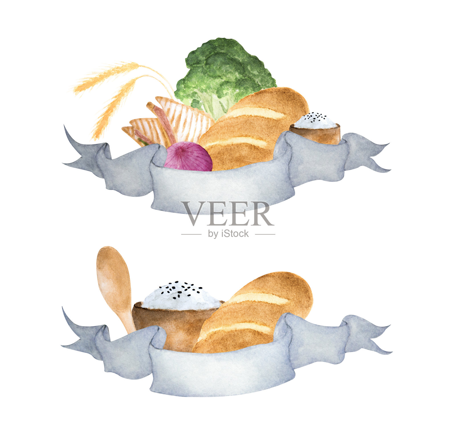 米饭，面包和蔬菜的水彩画。插画图片素材