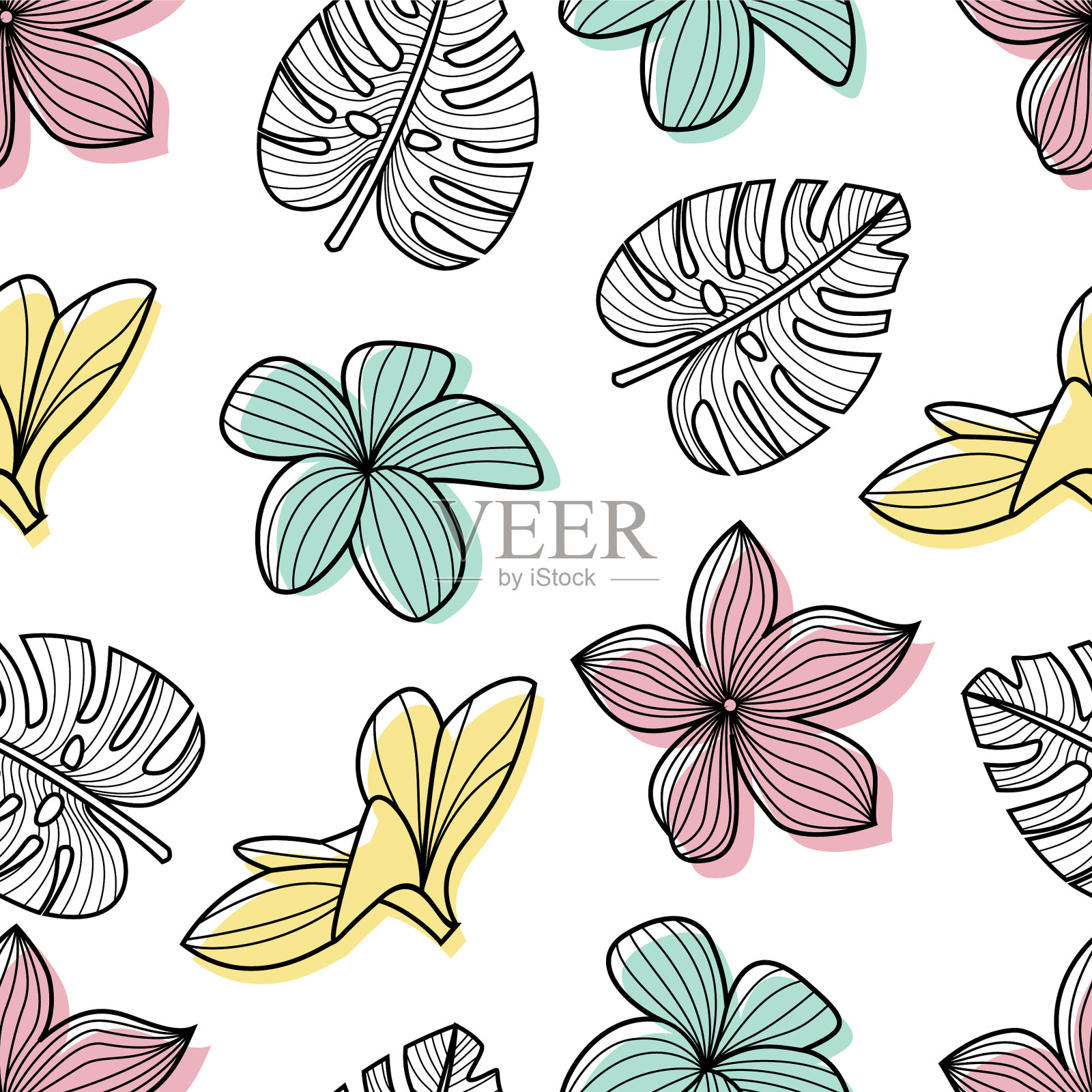 热带叶的花的无缝图案插画图片素材