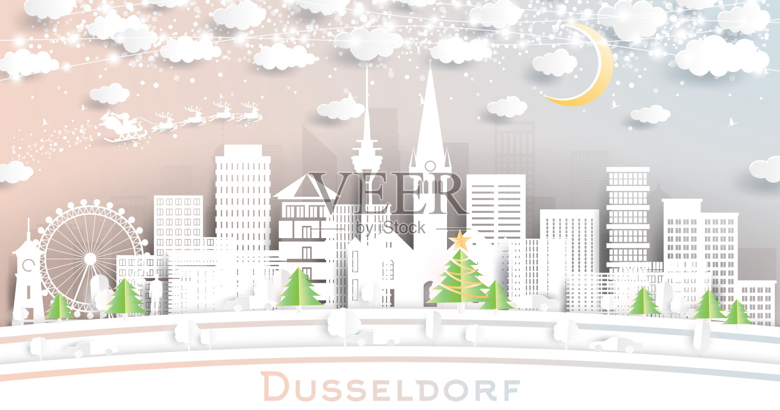 杜塞尔多夫德国城市天际线剪纸风格的雪花，月亮和霓虹灯花环。插画图片素材