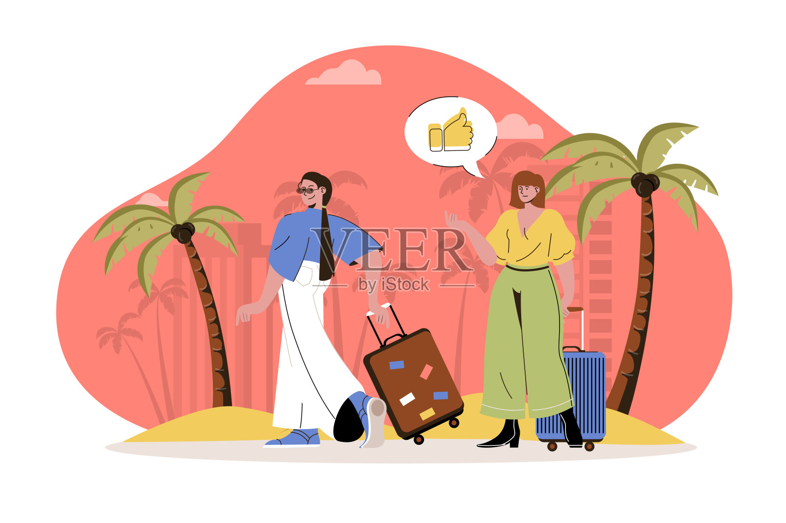 暑假网页人物概念。女人提着行李箱出发旅行，夏天一起去海边热带度假胜地旅游，与人独处的景象。矢量插图与人在平面设计插画图片素材