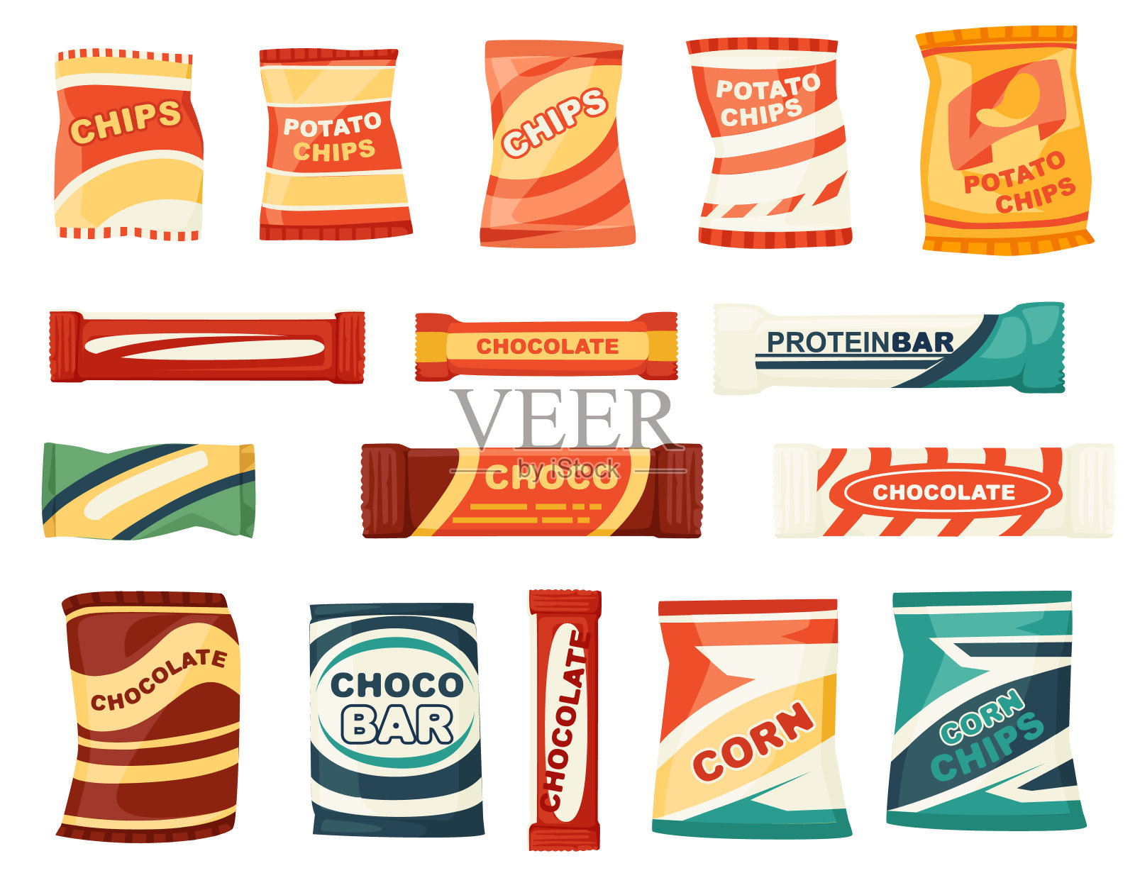 零食产品设置自动售货机快餐薯条和巧克力棒平面矢量插图孤立在白色背景插画图片素材