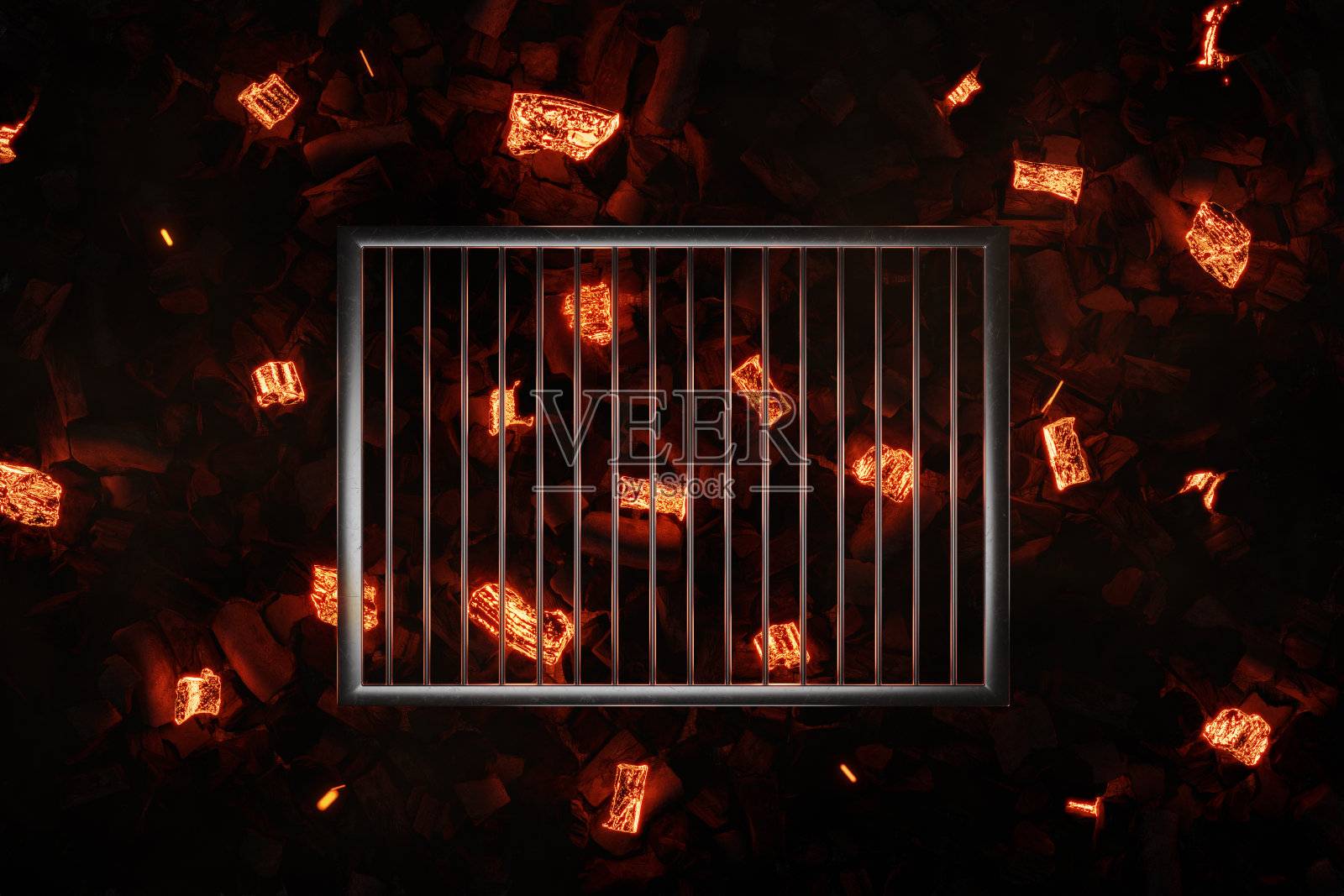 3d渲染的钢烹饪网格在发光的白垩煤和余烬照片摄影图片