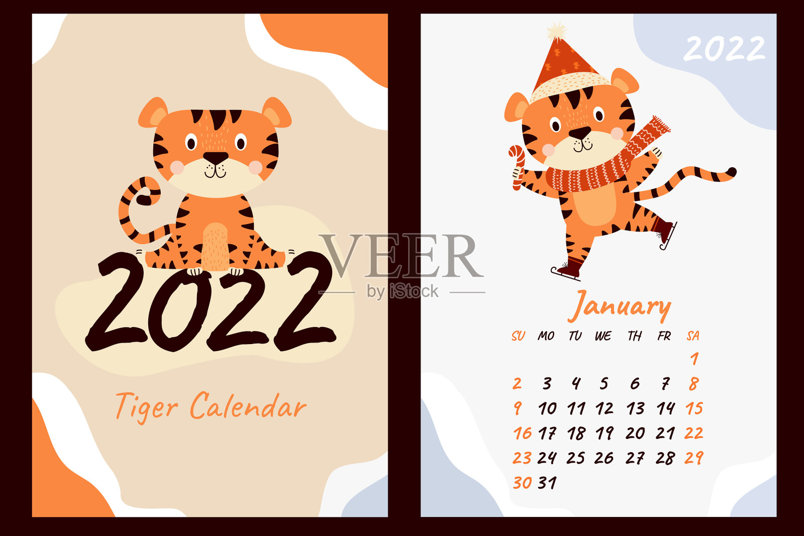 2022年1月的日历，可爱的老虎圣诞老人设计模板素材