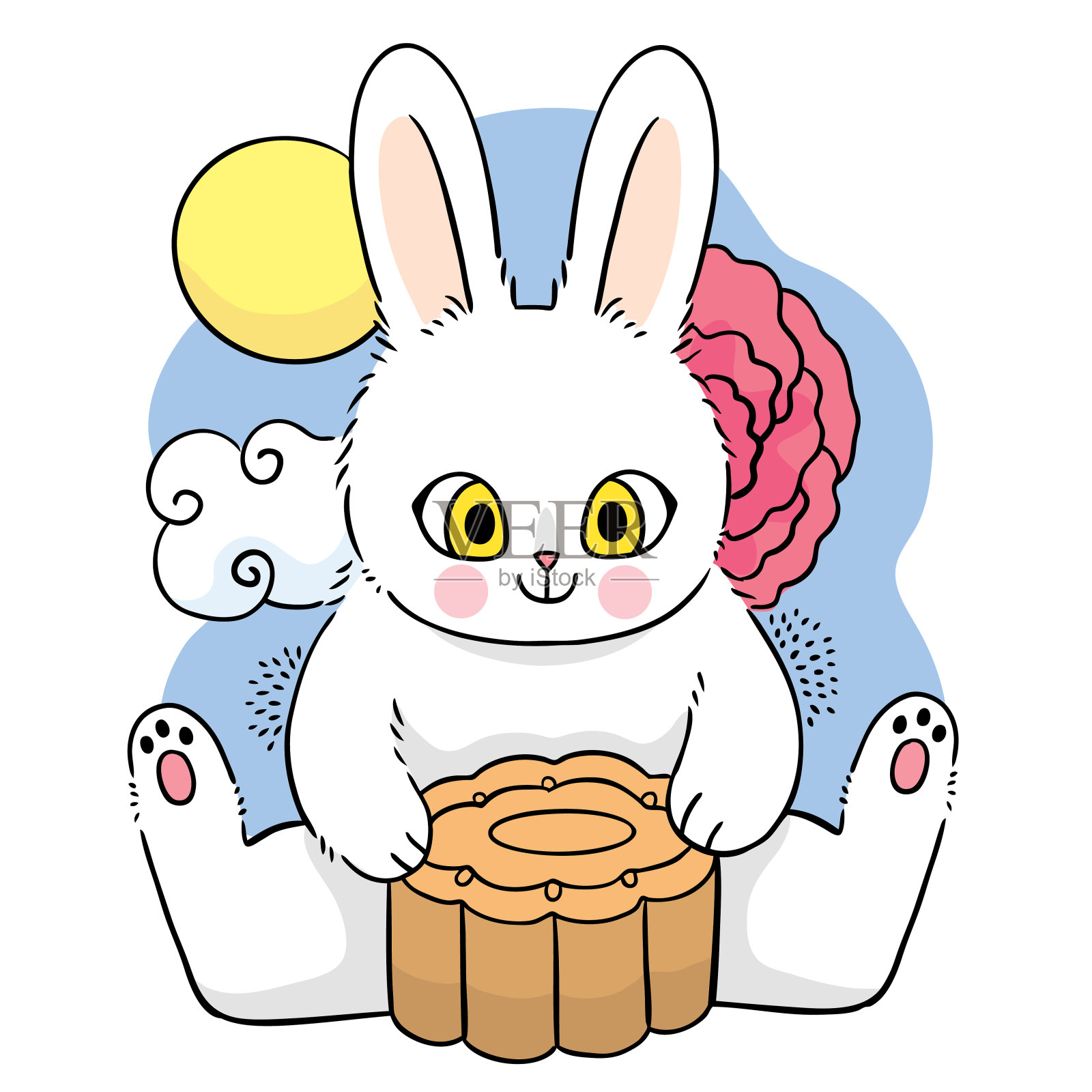 手绘卡通可爱的中秋大白兔和月饼向量。设计元素图片