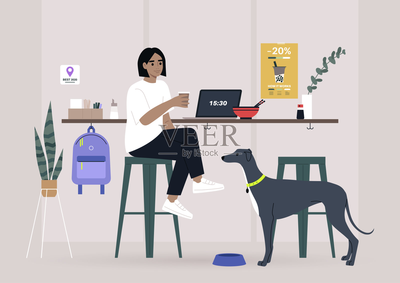 一名女性自由职业者和他们的宠物在一家狗友好的咖啡馆吃午餐，柜台上有酒吧凳子插画图片素材