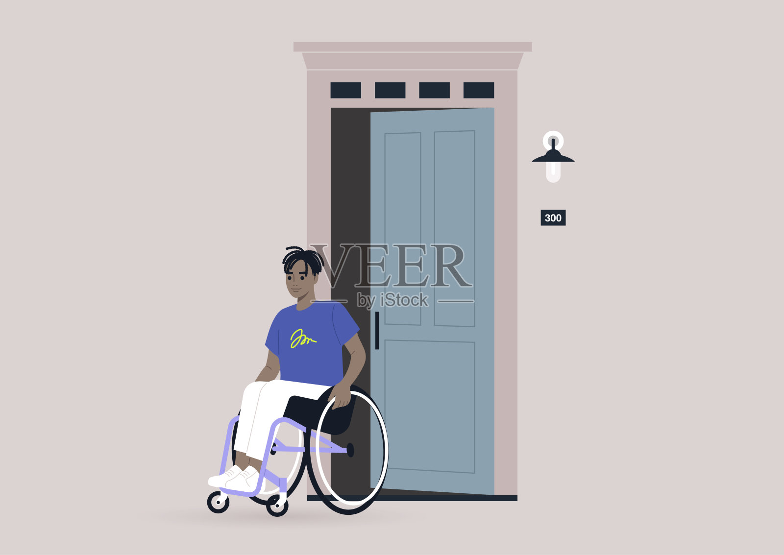 一个年轻的黑人角色坐着轮椅离开他们的家，大门开着插画图片素材