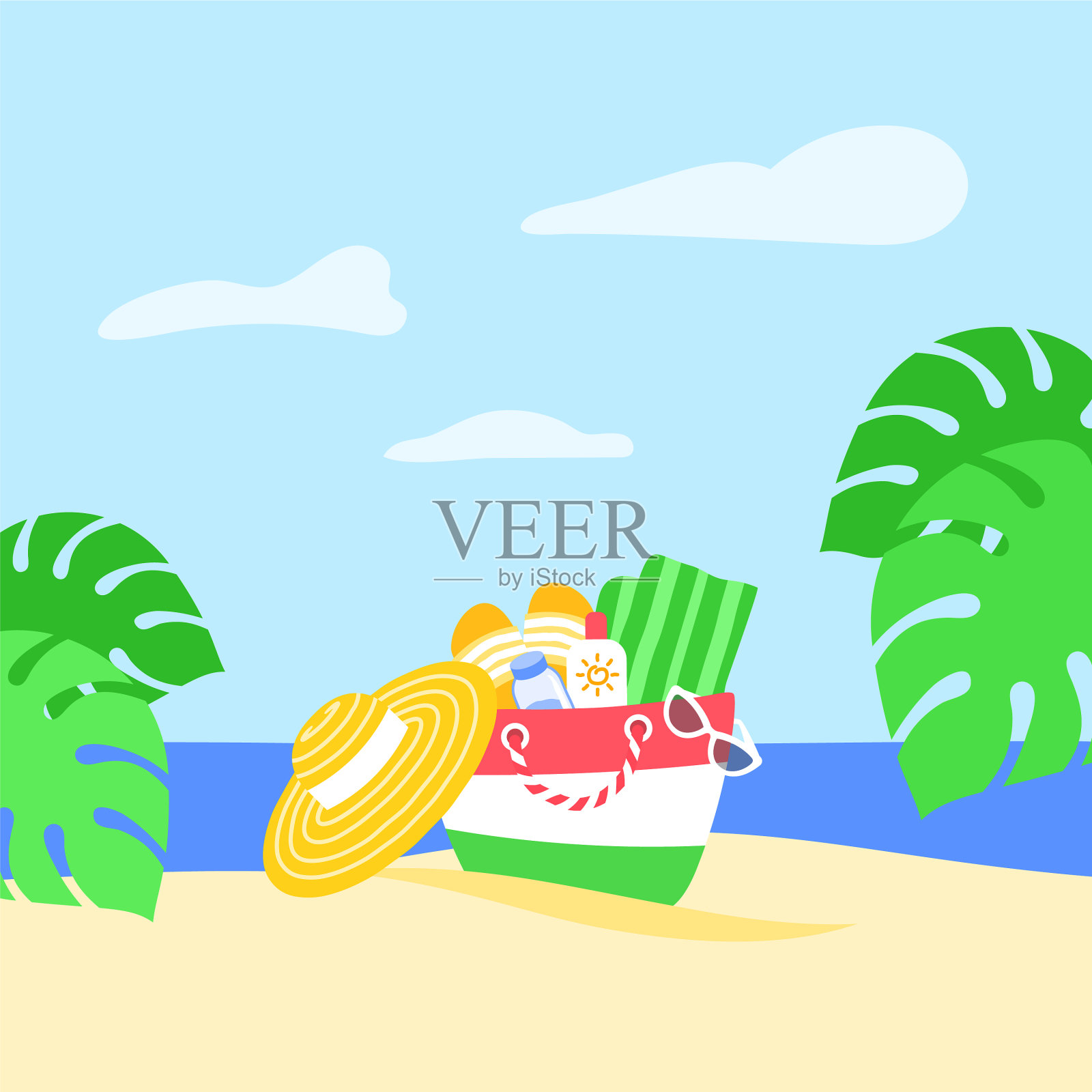 暑假海滩袋热带叶横幅插画图片素材