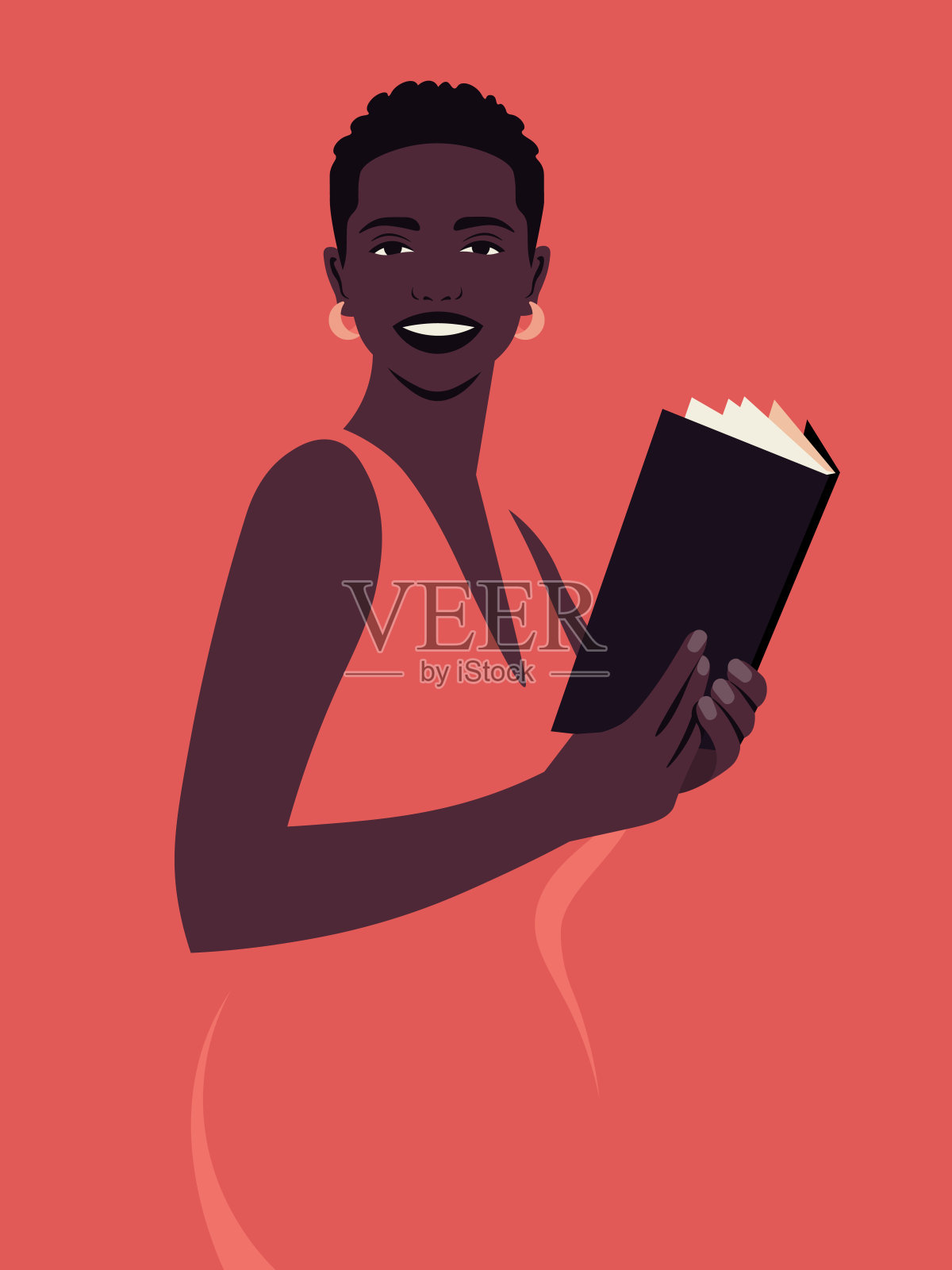 一位好奇的非洲妇女拿着一本有趣的书插画图片素材