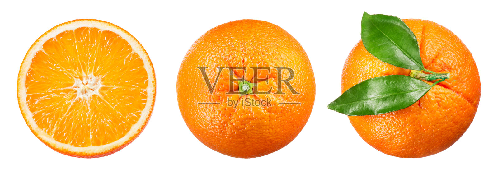 橙色的隔离。橙色水果片和白色背景下的叶子。Orang顶视图集。照片摄影图片