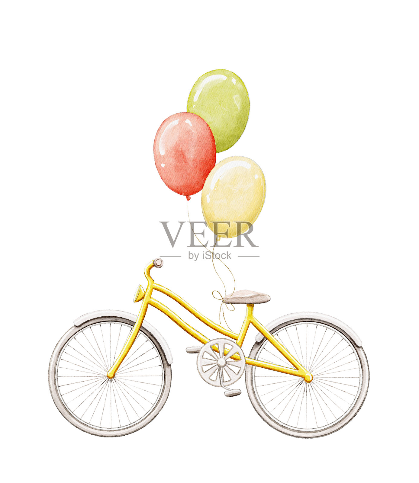 水彩插图与黄色女性自行车和三个氦气球设计元素图片