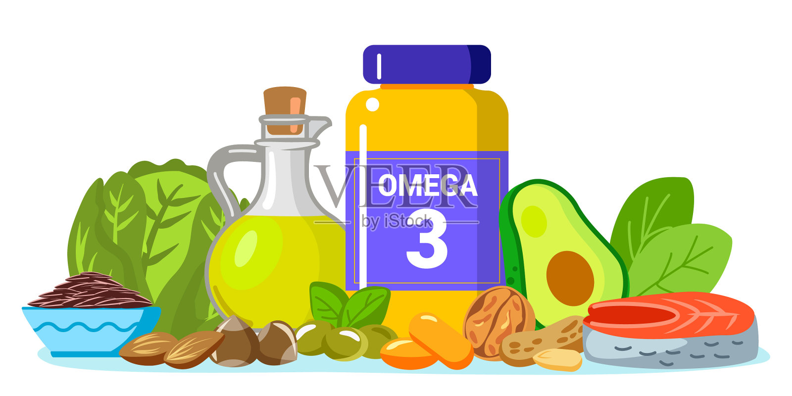 欧米茄3脂肪概念食品补充剂与健康设计元素图片