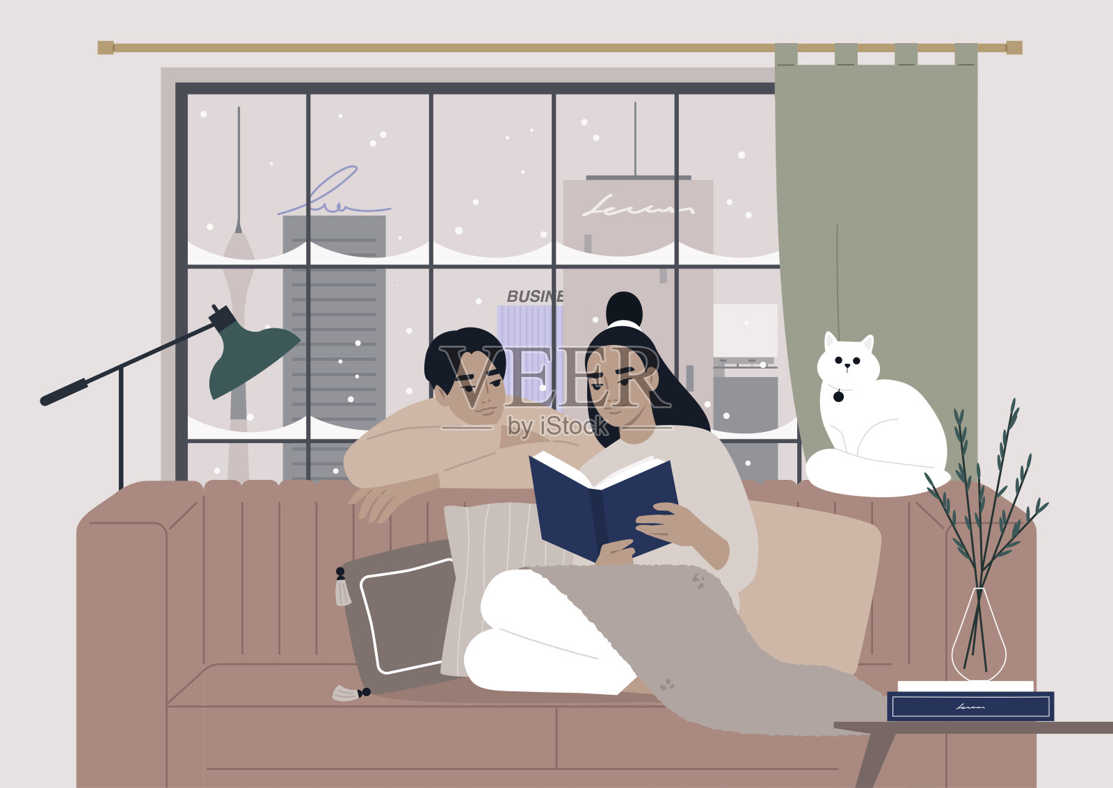 舒适的冬季室内，一对夫妇一起读书，圣诞节假期插画图片素材