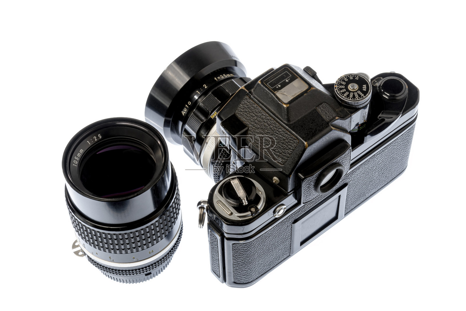 专业相机从1970年“u2019与两个镜头隔离在白色照片摄影图片