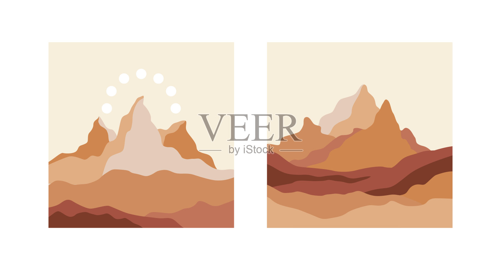 向量正方形插图简单的线条风格-波西米亚抽象打印-简单的自然景观与山脉和丘陵插画图片素材