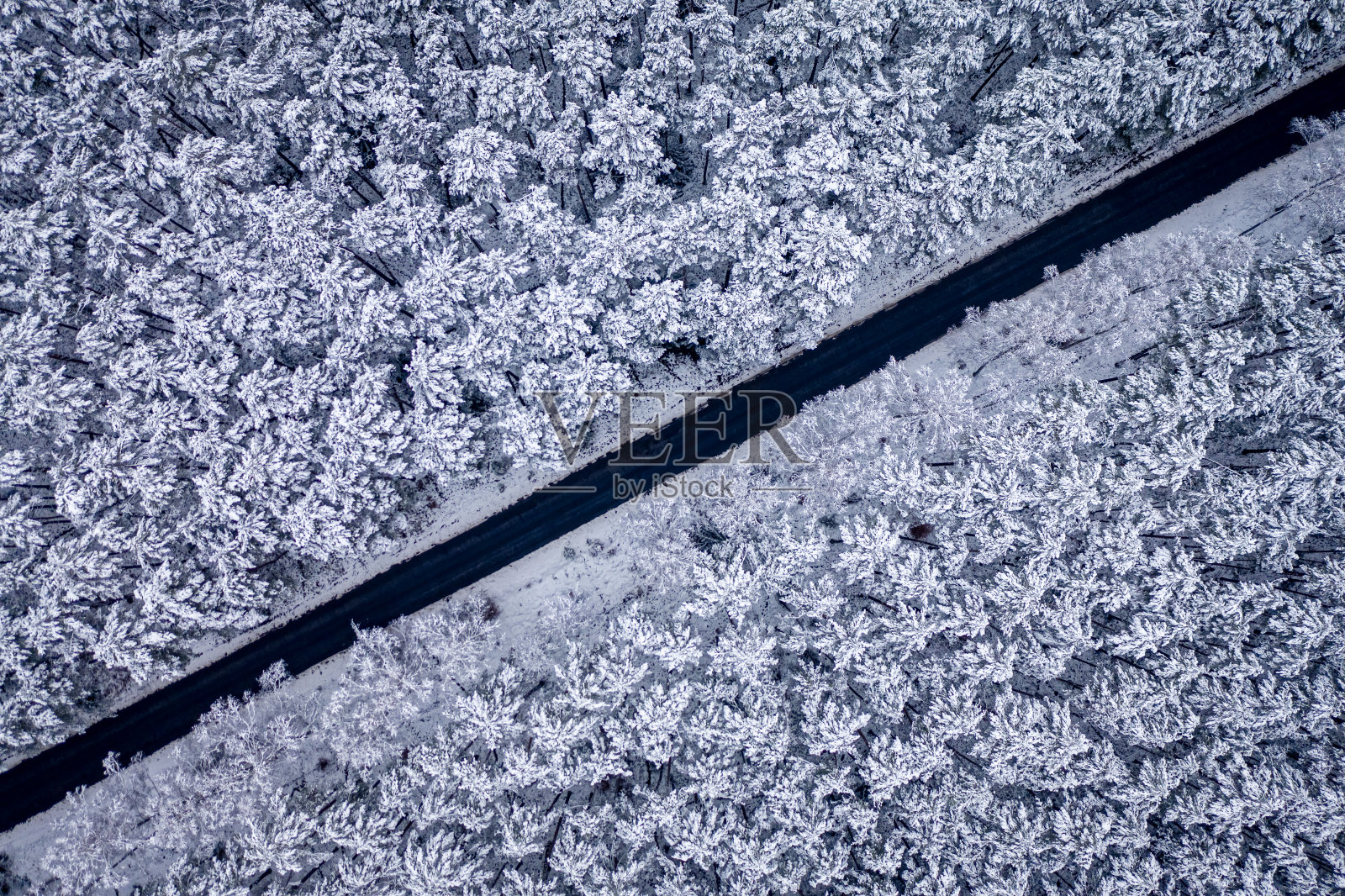 在白雪皑皑的森林中的黑色道路的俯视图照片摄影图片