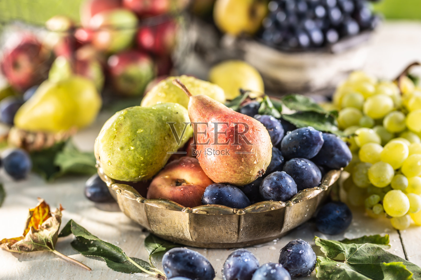 花园里的桌子上放着成熟的水果。新鲜的梨放在一个青铜碗里，周围是各种各样的花园水果。照片摄影图片