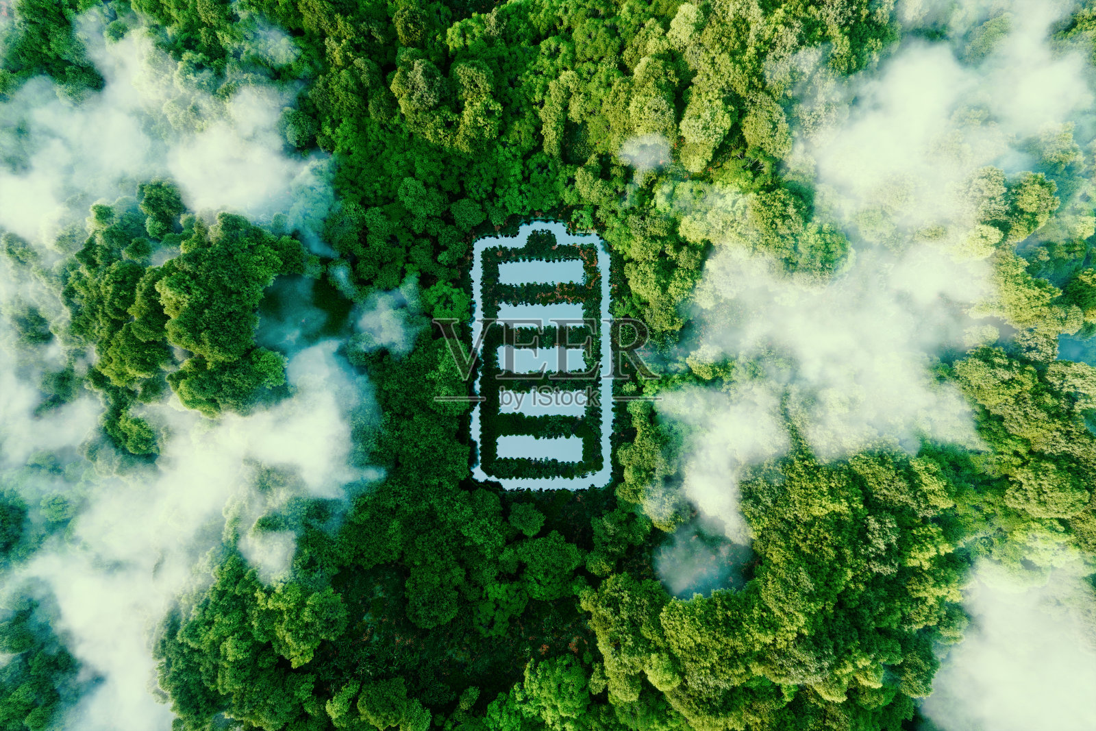 这一概念描述了生态电池技术和绿色能源存储的发展的新可能性，其形式为位于茂密森林中的电池形状的池塘。3 d渲染。照片摄影图片