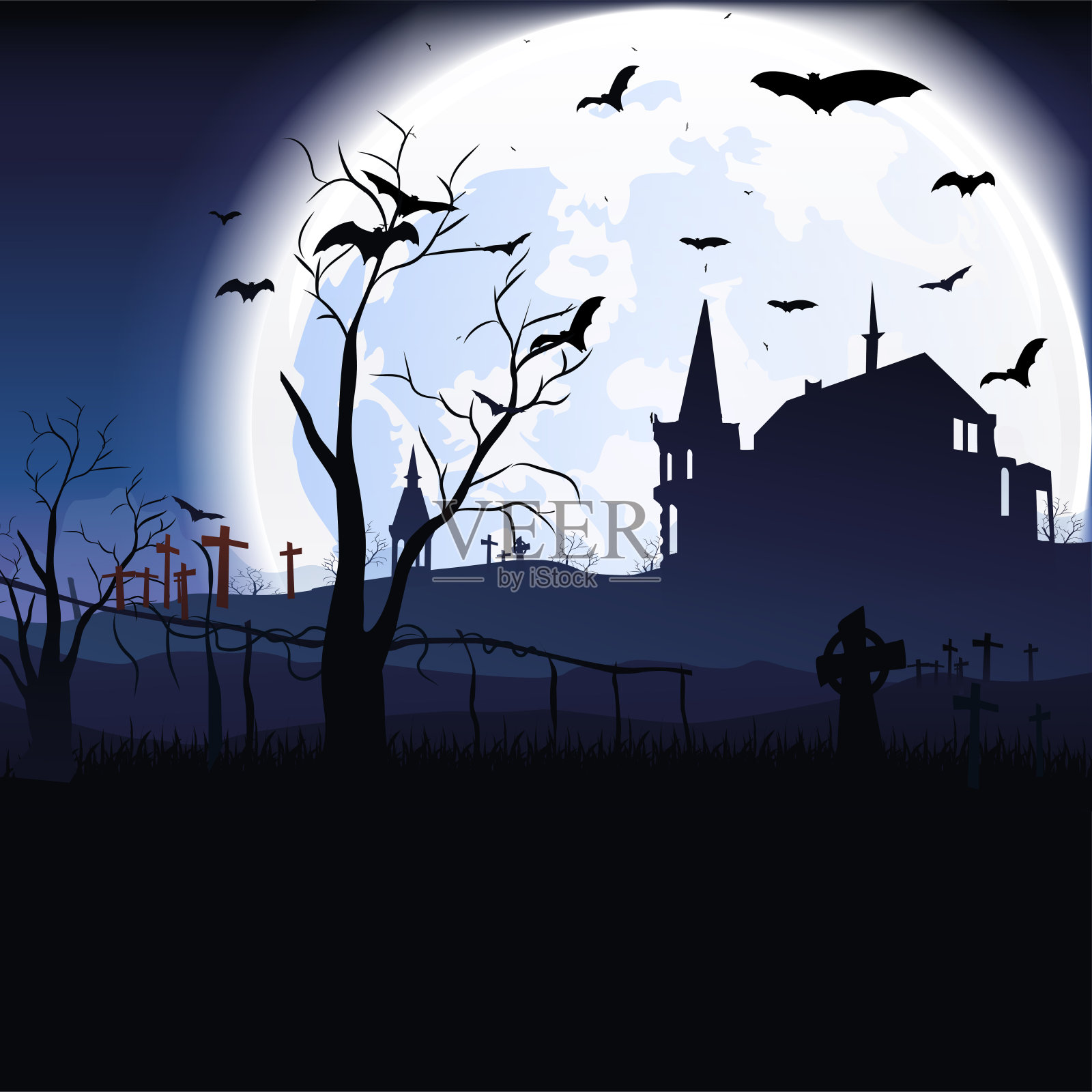 有城堡、蝙蝠、月亮和墓地的万圣节景观。向量插画图片素材
