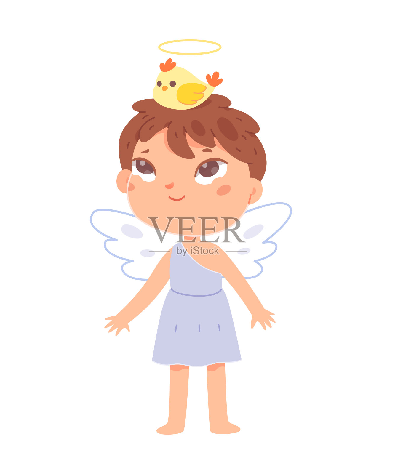 可爱的天使小男孩，小男孩穿着天使服装，头上戴着鸡鸟王冠插画图片素材