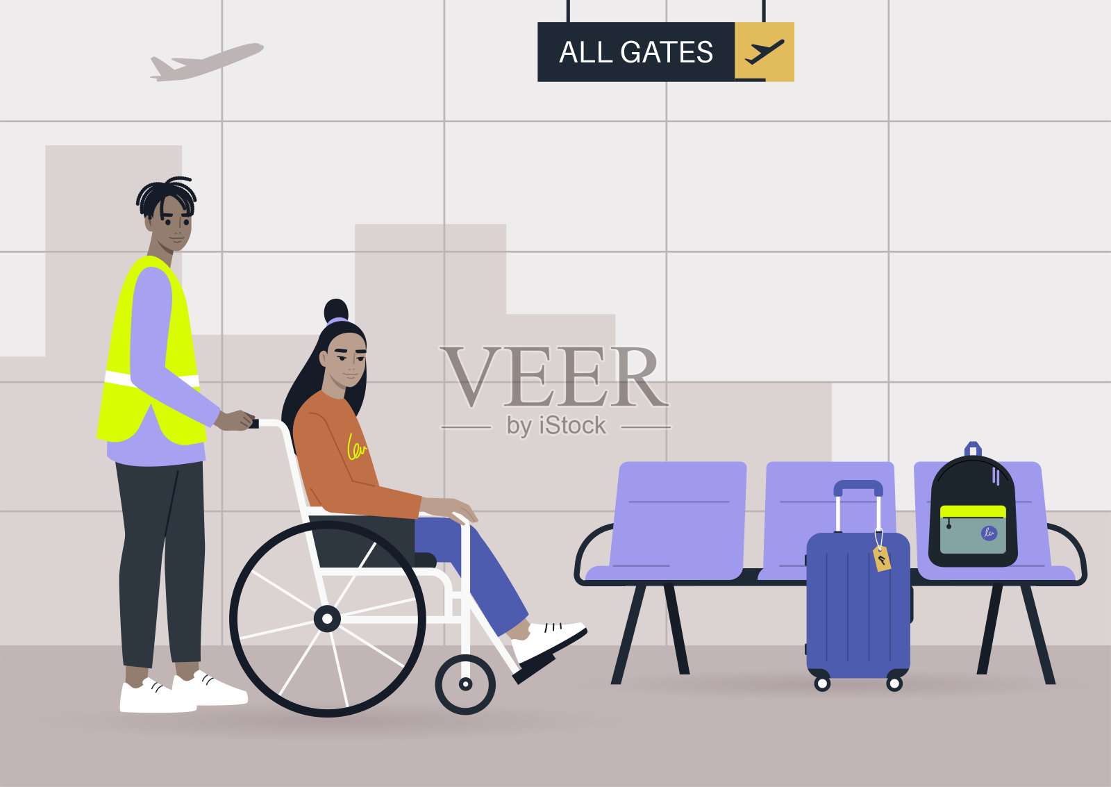 机场工作人员协助坐轮椅的乘客，转移到登机口，包容和无障碍插画图片素材