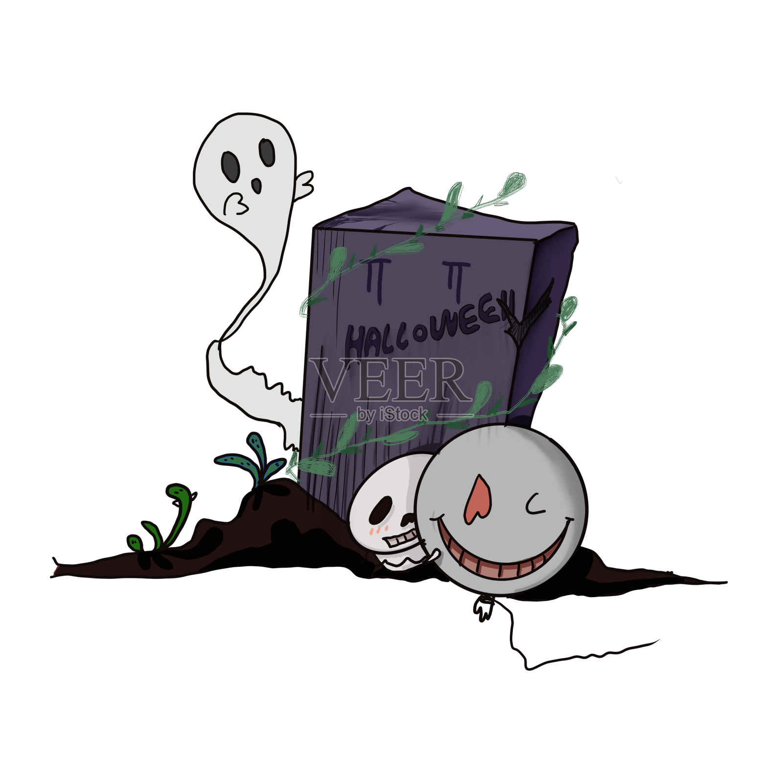 紫色万圣节墓地墓碑气球鬼魂植物可爱骷髅头插画元素设计元素图片