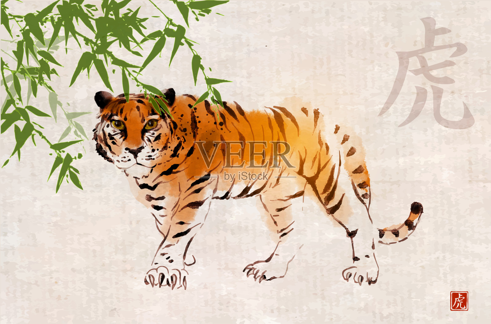 竹子和老虎，象征着2022年的中国新年，用墨水在复古背景上手绘。传统东方水墨画梅花、梅花、梅花。象形文字——老虎。插画图片素材