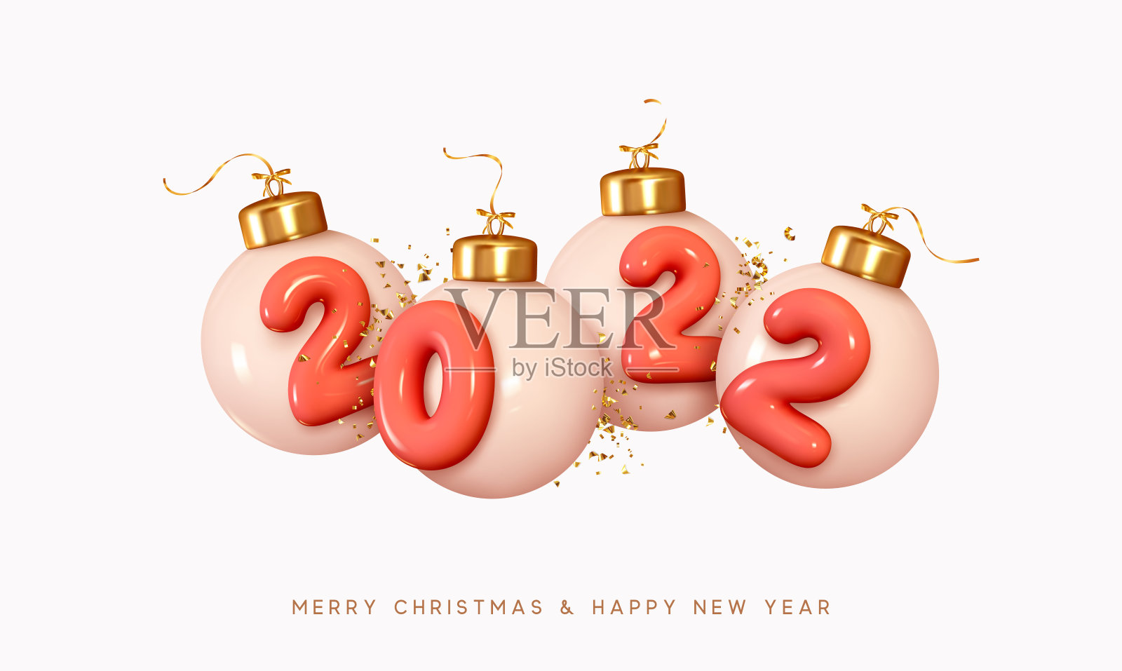2022年新年快乐。装饰圣诞节小球与现实的3d数字。金色的闪光纸屑设计。圣诞海报，横幅，封面卡片，小册子，传单，布局设计。矢量图设计模板素材
