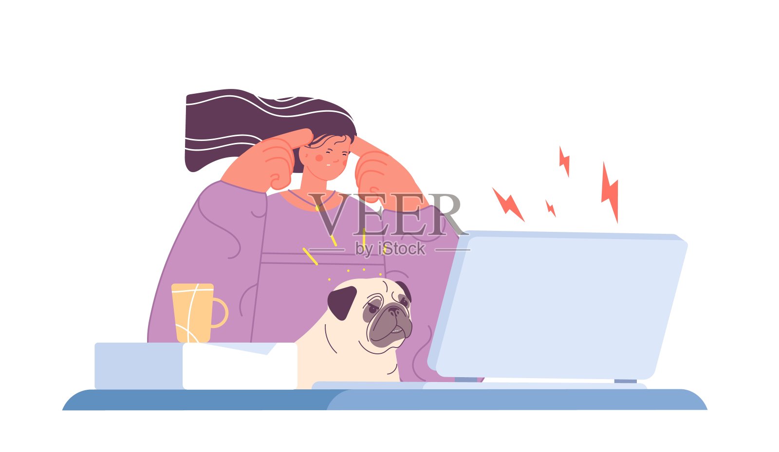 累了办公室的女人。工作压力大，身心疲惫。女孩带着一只愤怒的狗坐在电脑前。工作狂或情绪激动的学生完全矢量场景插画图片素材