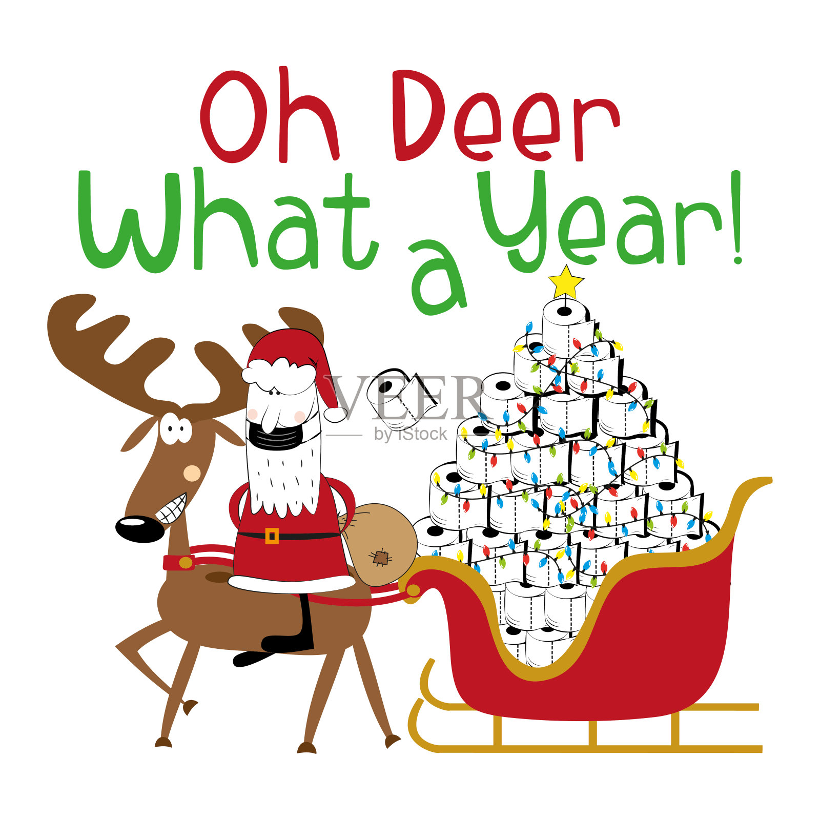 哦，鹿，多么美好的一年啊!有趣的驯鹿和戴着面具的圣诞老人，还有拉着雪橇的卫生纸圣诞树。插画图片素材